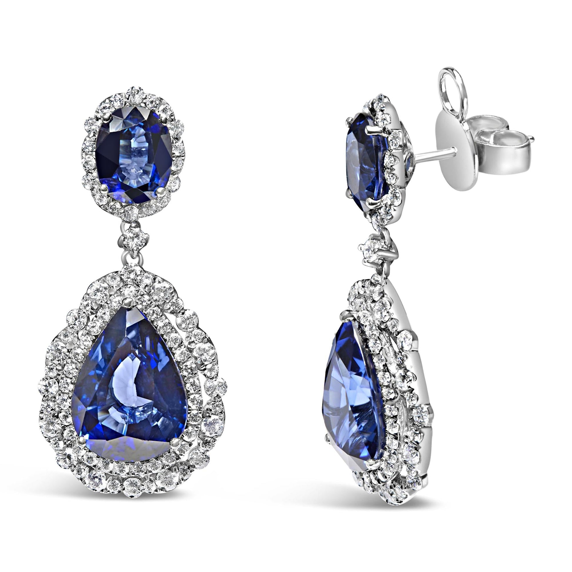 18K White Gold Blue Sapphire 2 3/4 Cttw Diamond Halo Drop Dangle Earring (G-H