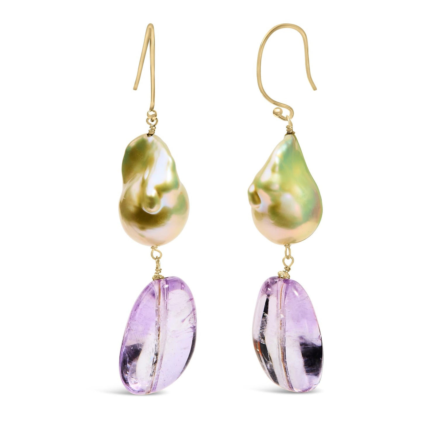 14K Yellow Gold Amethyst and Baroque Pearl Drop and Dangle Earrings 2" Inch Dangle Length