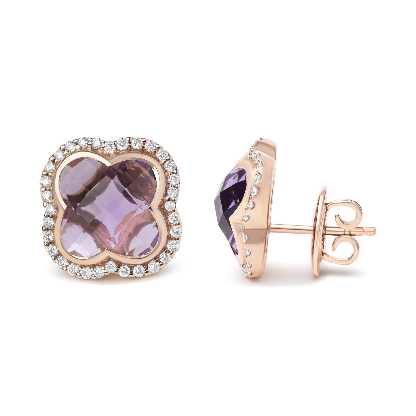 18K Rose Gold 3/8 Cttw Diamond and 11x11mm Clover-Cut Purple Amethyst Gemstone