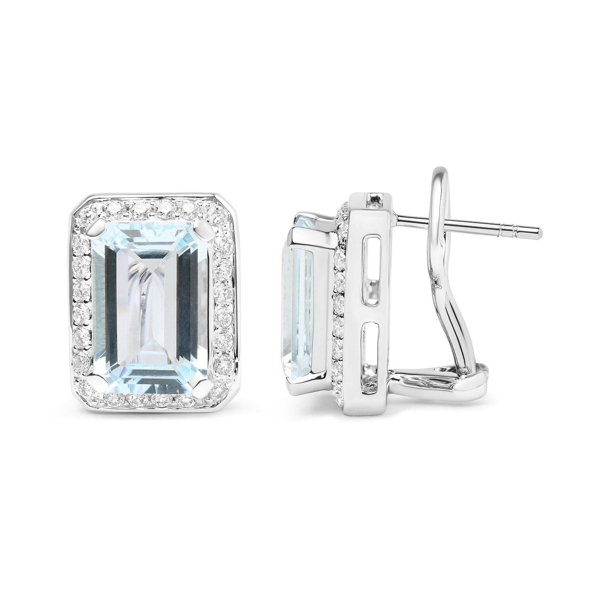 18K White Gold 3/4 Cttw Round Diamond and 13x9mm Emerald Cut Blue Aquamarine