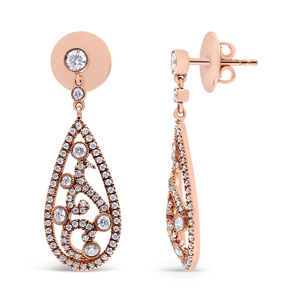 18K Rose Gold 1 1/4 Cttw Diamond Teardrop Shaped Drop and Dangle Screw Back