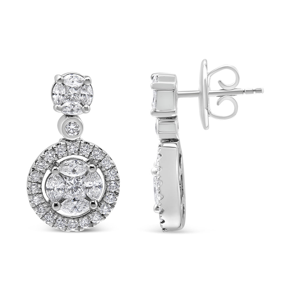 18K White Gold 2.0 Cttw Round Shape Diamond Composite Halo Dangle Stud Earring