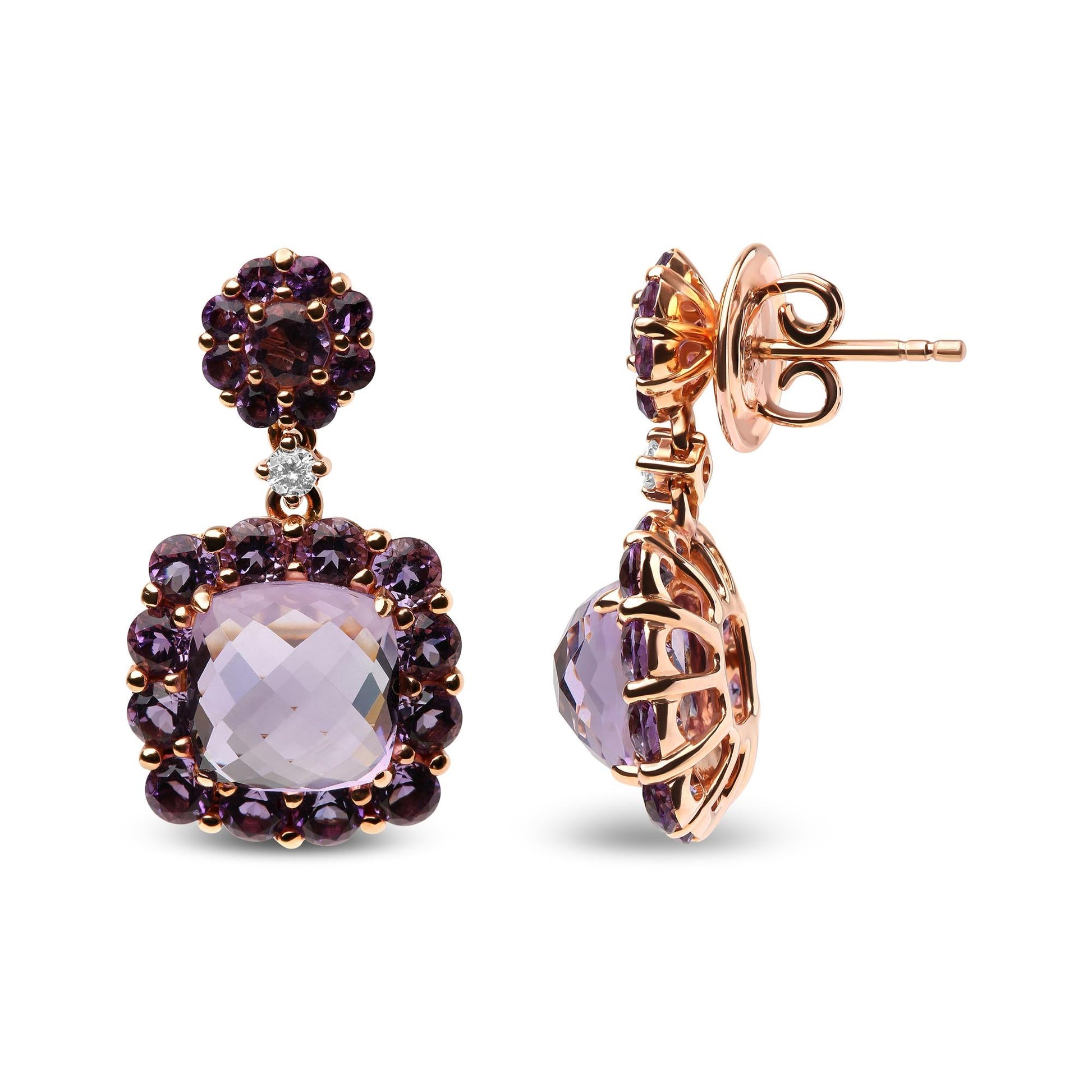 18K Rose Gold Diamond Accent and Pink and Purple Amethyst Gemstone Halo Dangle