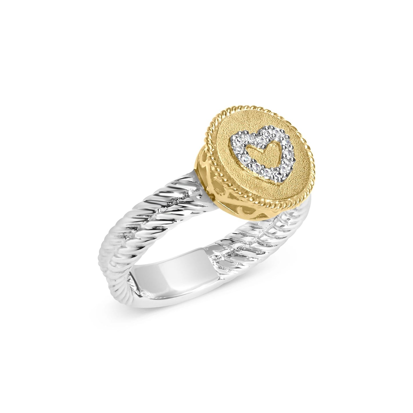 18K Yellow Gold Plated.925 Sterling Silver Diamond Heart Ring with Satin Finish