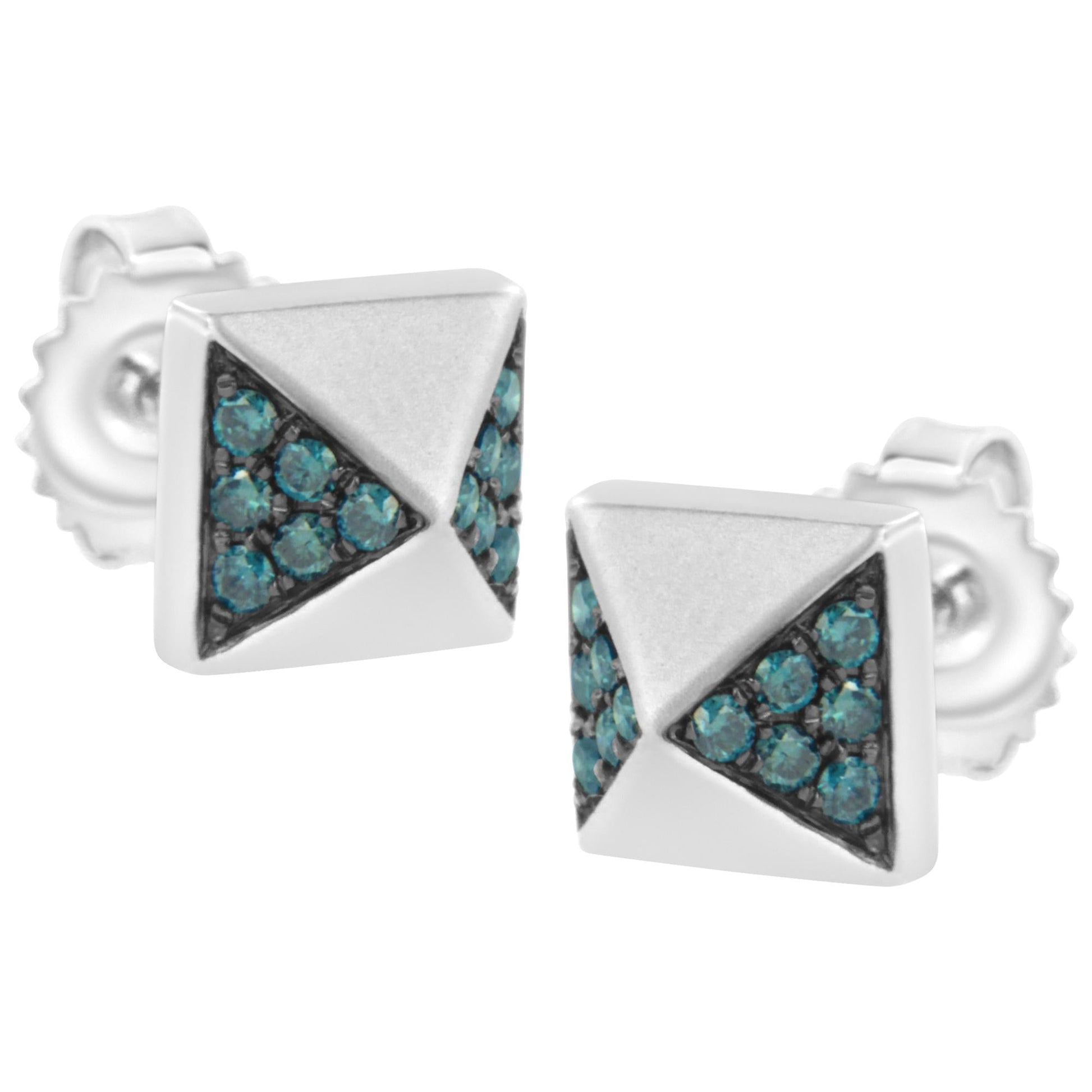 14K White Gold 1/4 Cttw Treated Blue Diamond Pyramid Stud Earring (Blue Color