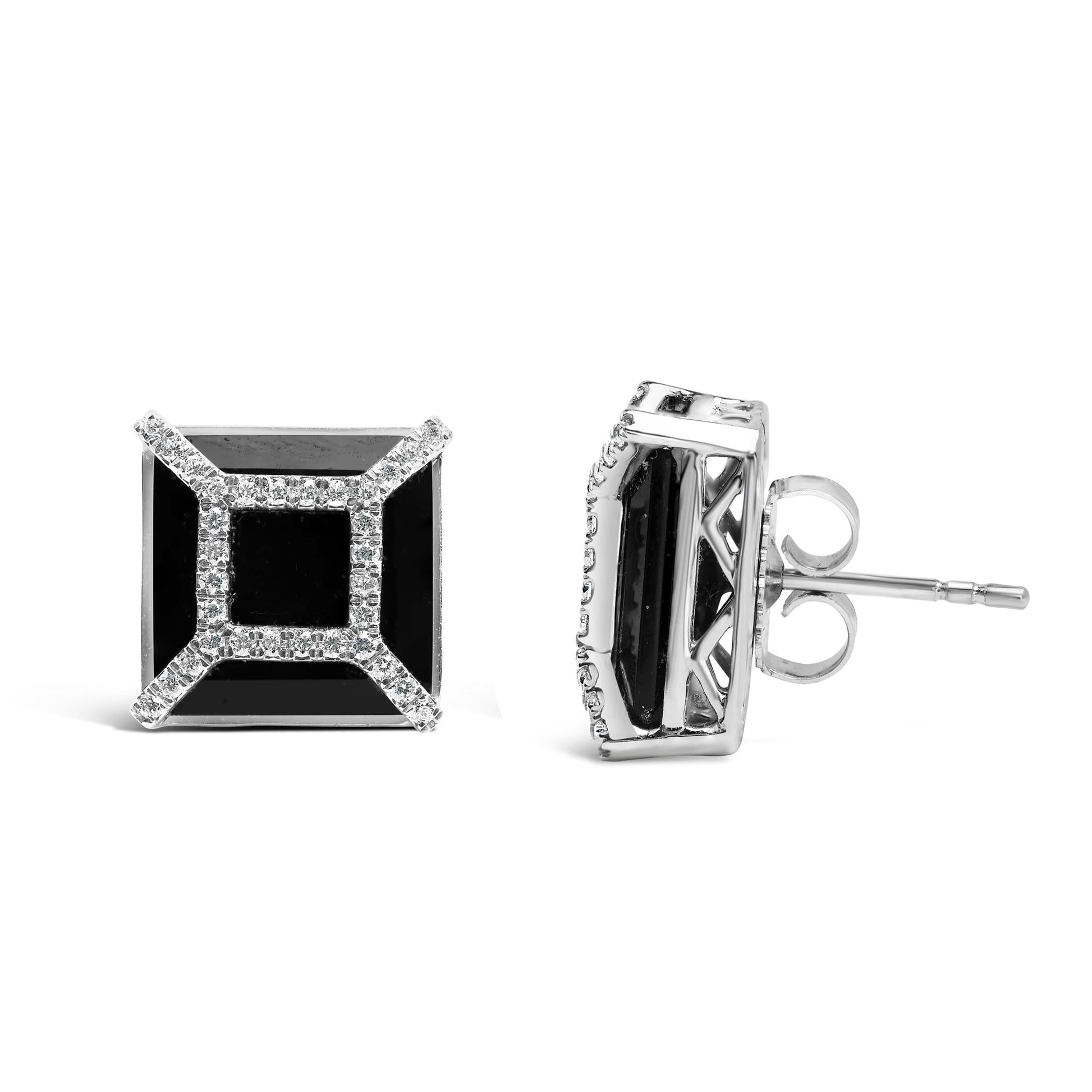 14K White Gold 3/8ct Diamond with 11x11MM Black Onyx Stud Earrings (G-H Color