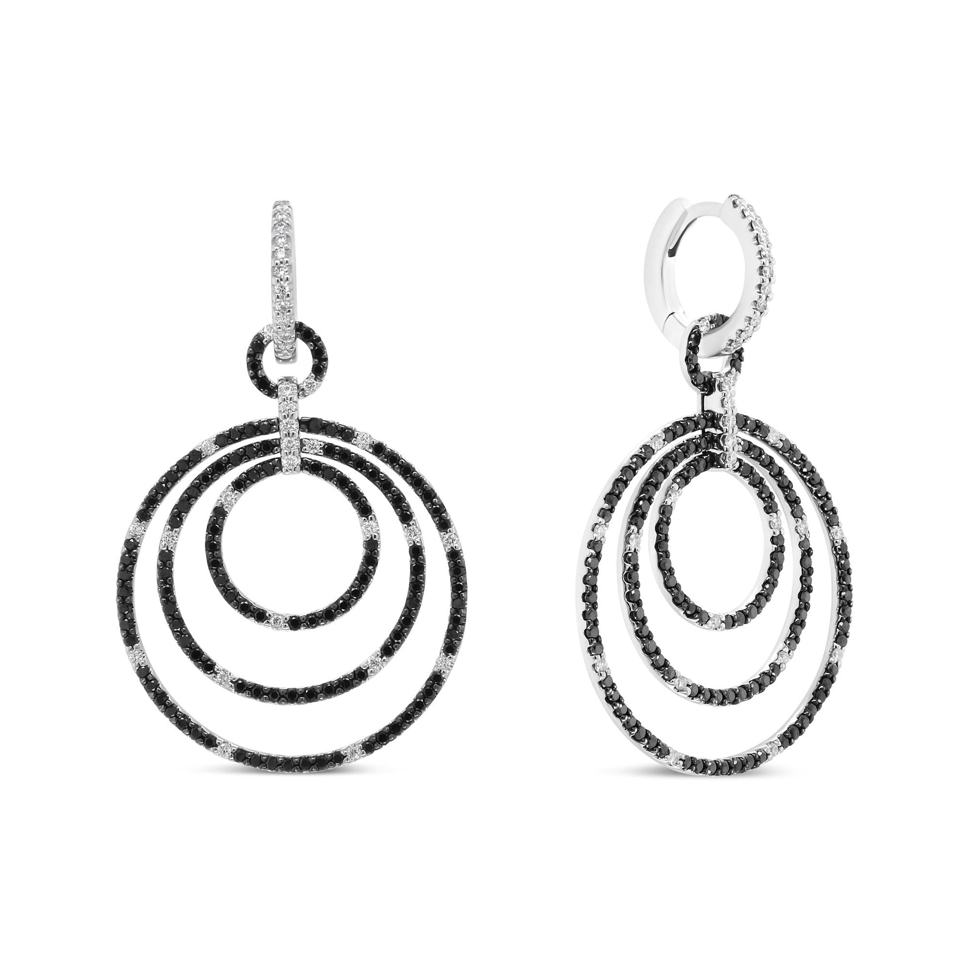 18K White Gold Round 2 1/3 Cttw Black and White Diamond Graduated Hoop Dangle