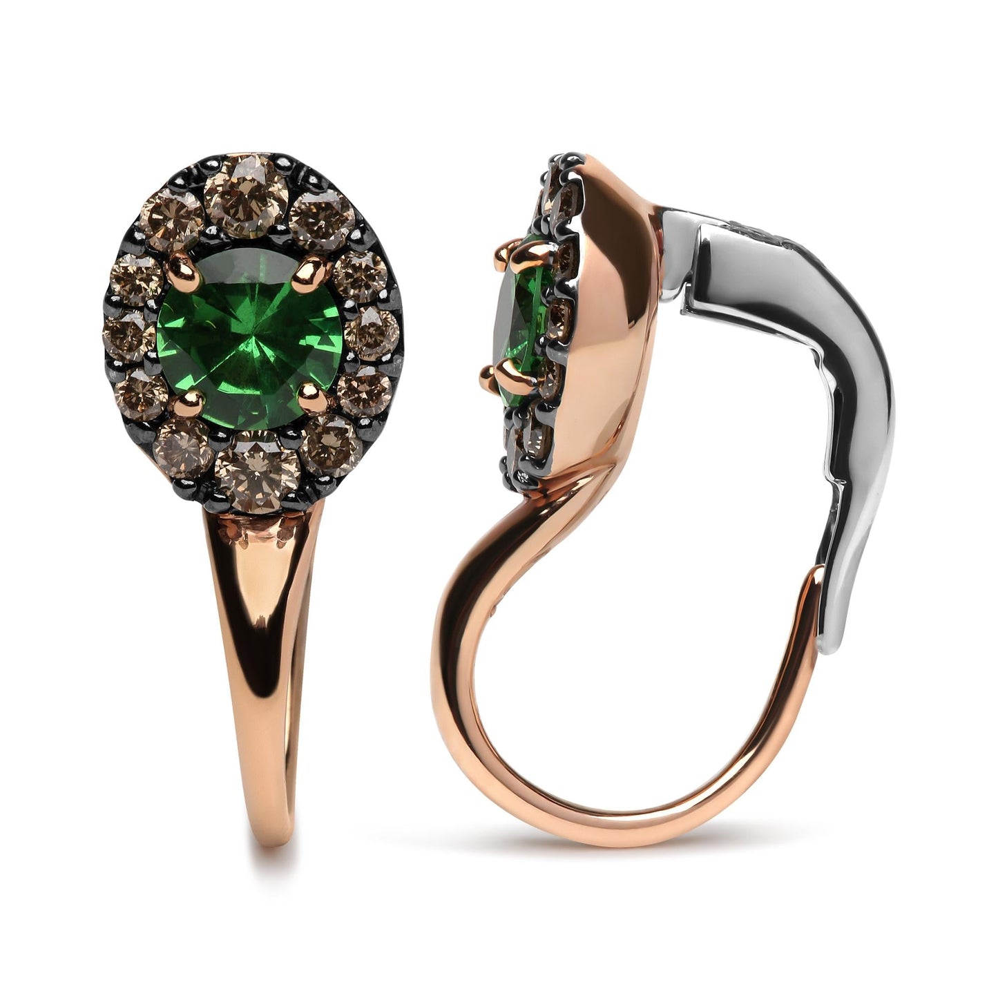 18K Rose and White Gold 3/8 Cttw Round Brown Diamonds and Round Green Tsavorite