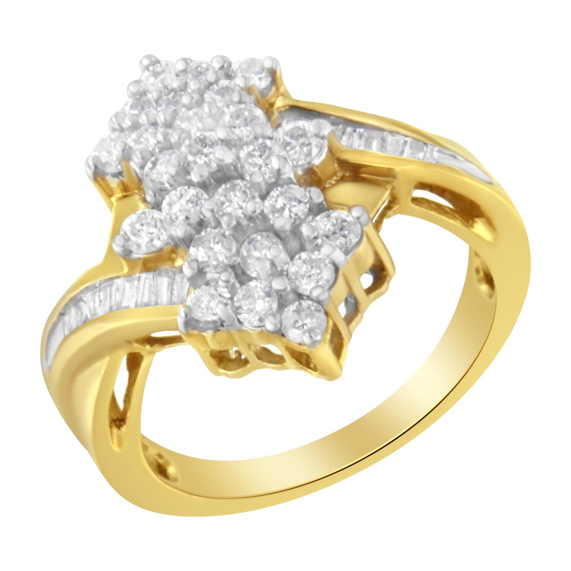 10K Yellow Gold Round And Baguette Cut Diamond Cluster Ring (1 1/10 Cttw H-I