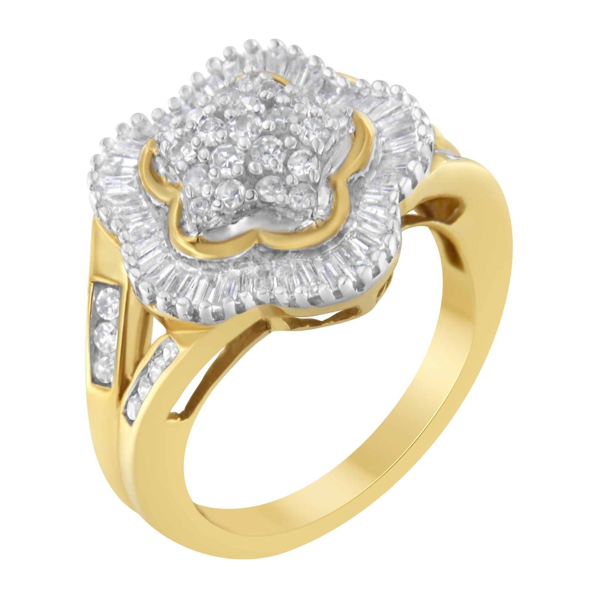 10KT Yellow Gold Round and Baguette Cut Diamond Ballerina Ring (1 cttw I-J