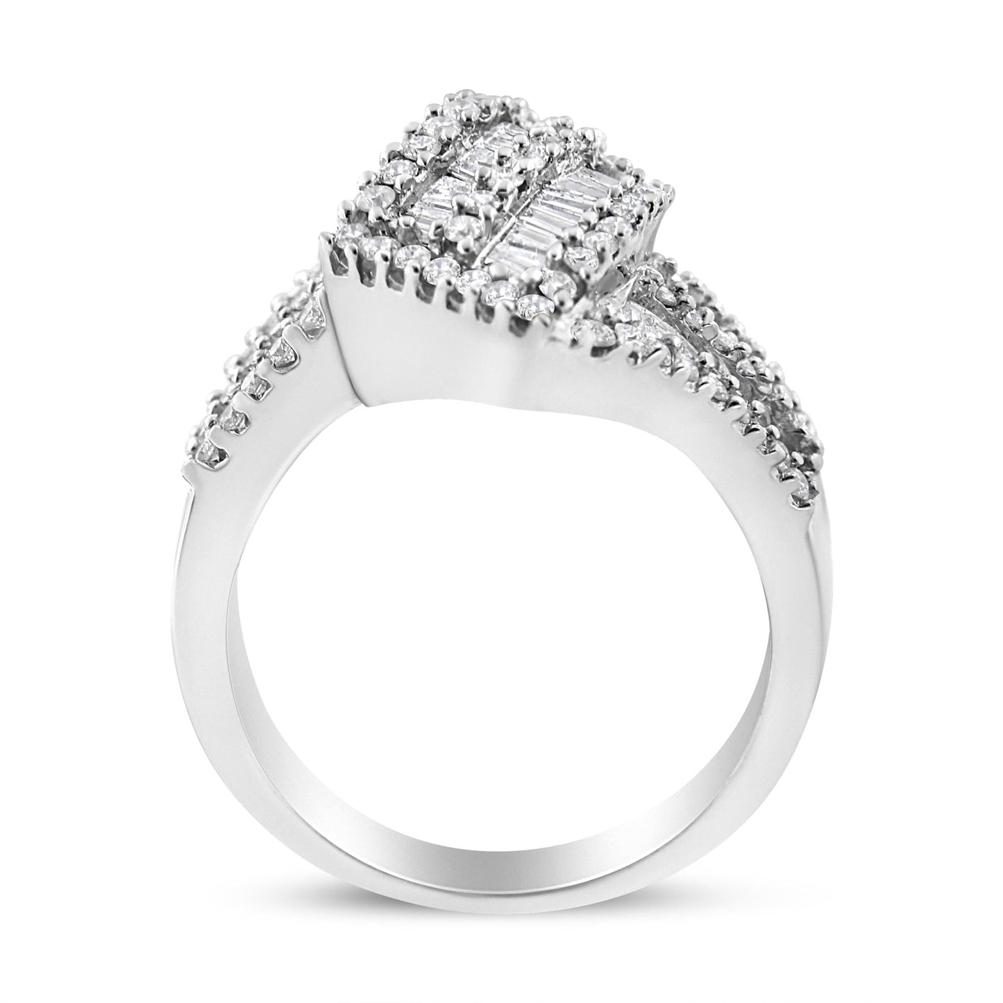 14K White Gold 1-1/2 Cttw Round and Baguette Diamond Bypass Cocktail Ring Band