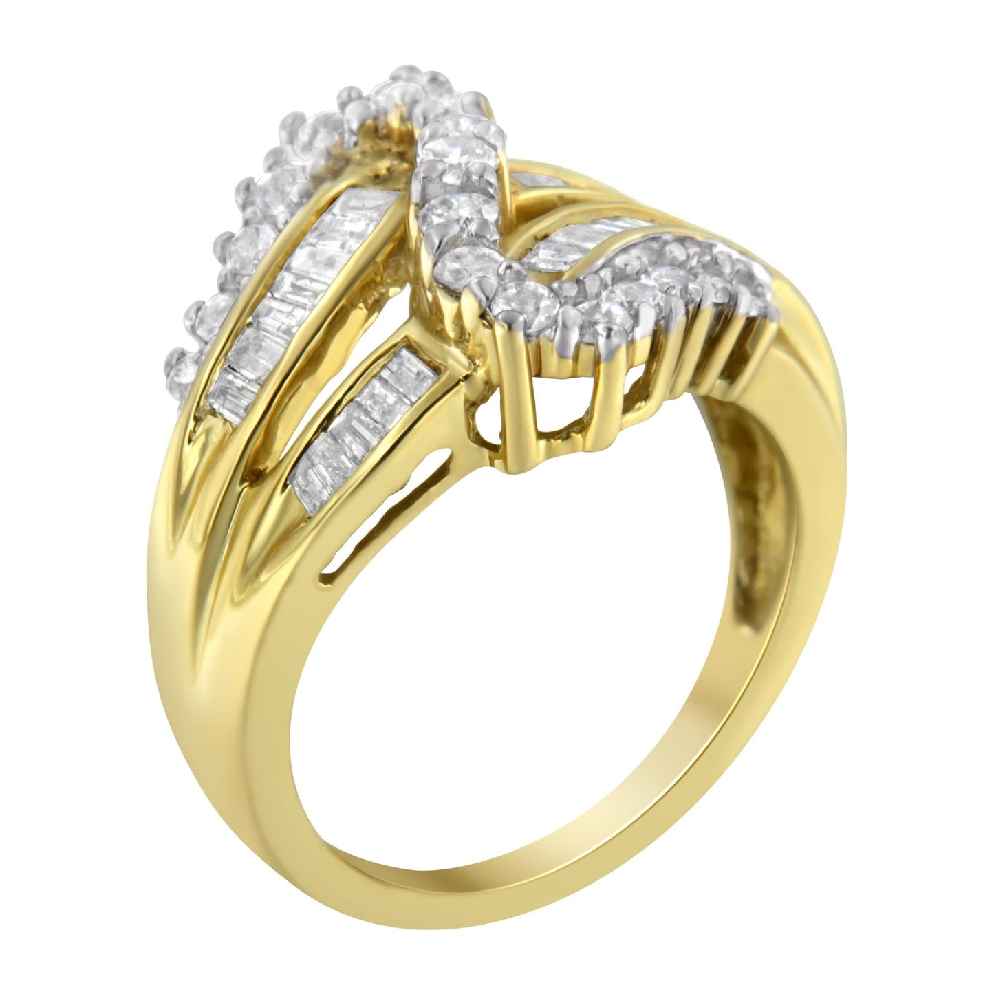 10K Yellow Gold Round and Baguette Cut Diamond Bypass Ring (1 Cttw J-K Color