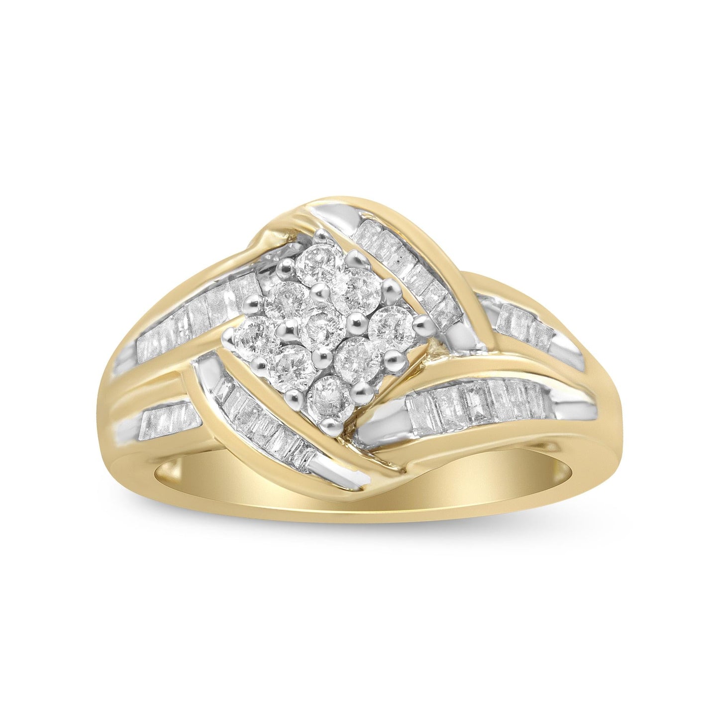 10K Yellow and White Gold 3/4 Cttw Diamond Cluster and Swirl Ring (H-I Color, I1-I2 Clarity)