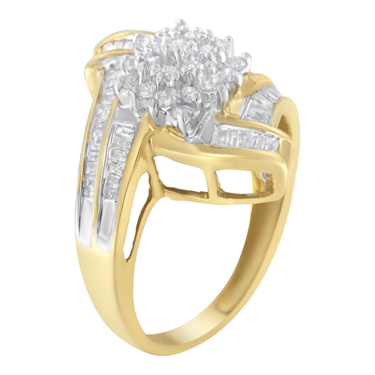 10K Yellow Gold Round and Baguette-Cut Diamond Bypass Cluster Ring (1.0 Cttw