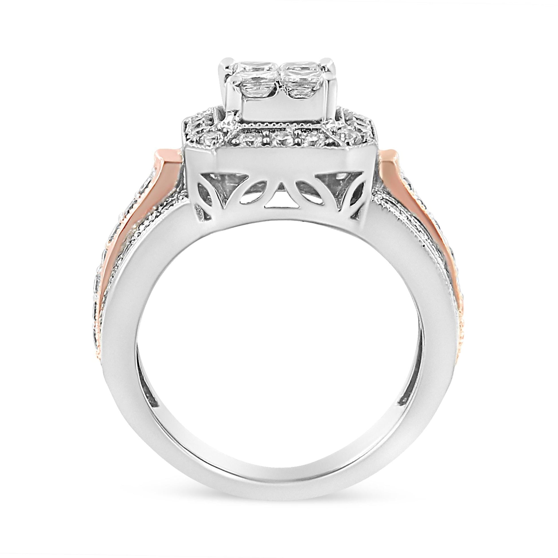 14K White and Rose Gold 1 1/8 Cttw Princess and Round-Cut Diamond Art Deco