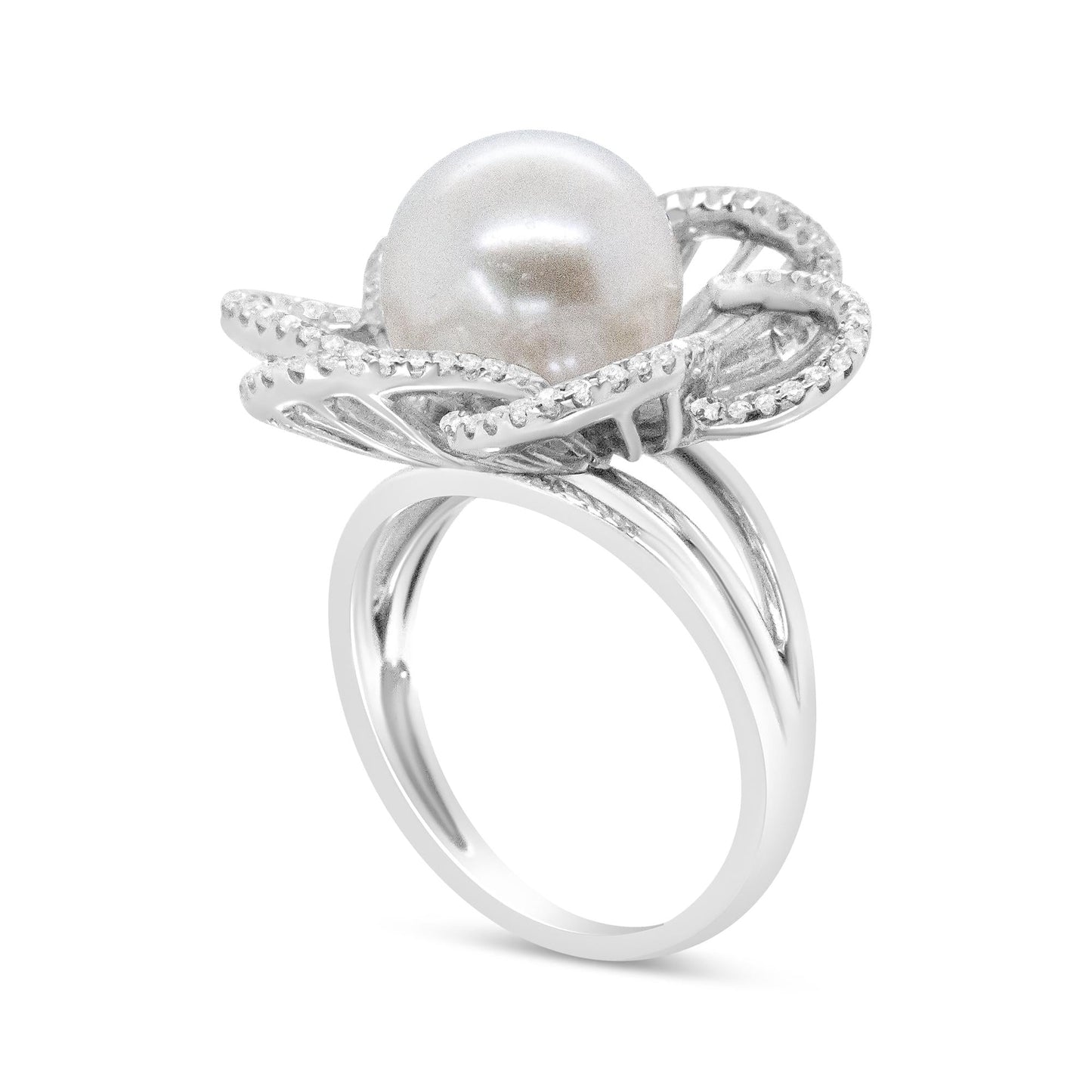 14K White Gold 11mm Round Pearl and 1/3 Cttw Round Diamond Openwork Flower