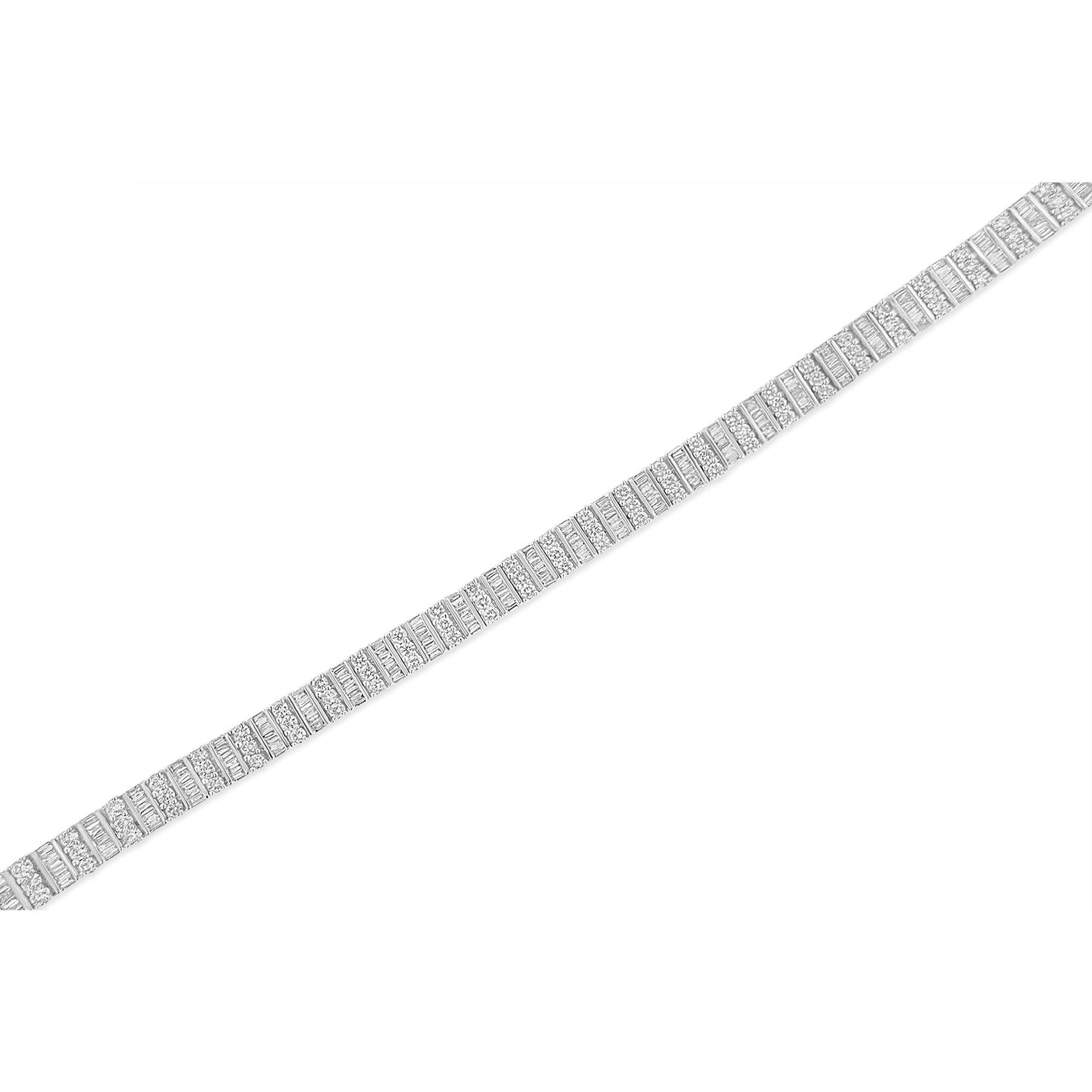 14K White Gold 6.00 Cttw Alternating Round and Baguette Diamond Tennis Bracelet