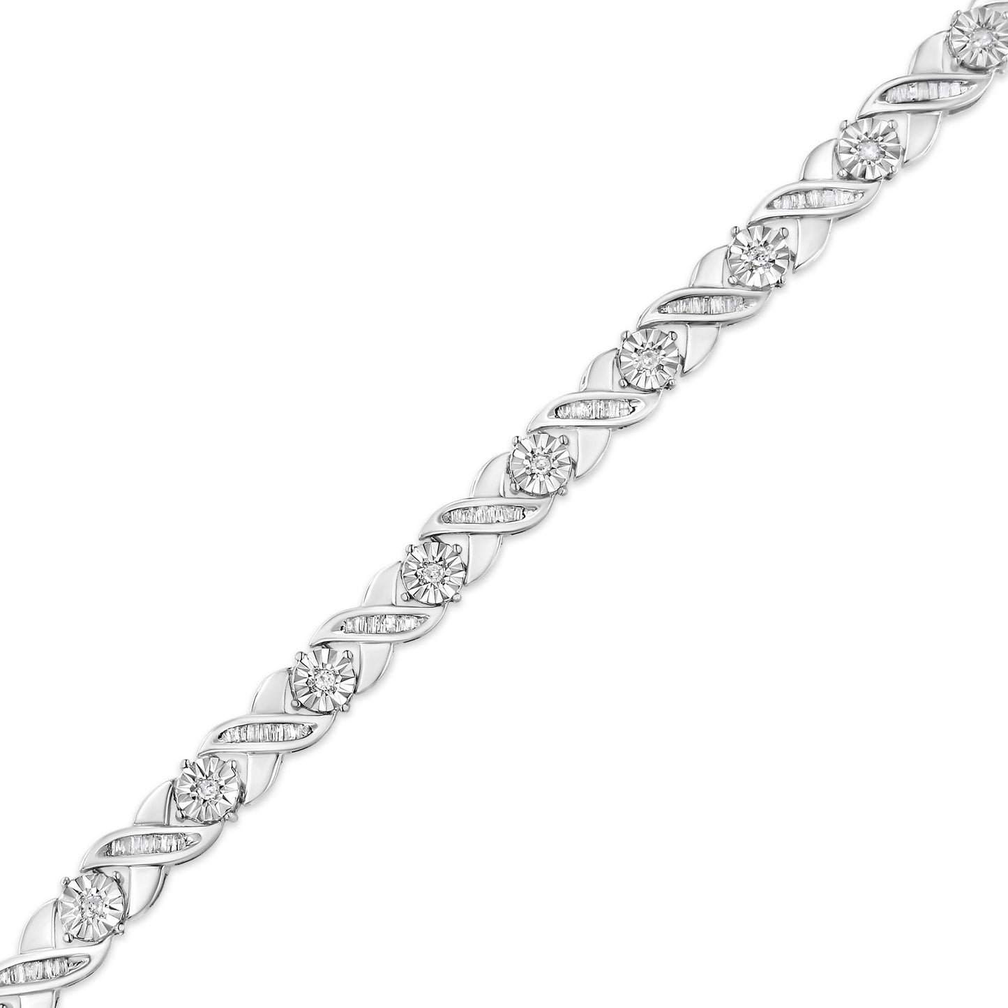 .925 Sterling Silver 1.0 Cttw Round-Brilliant and Baguette Cut Diamond