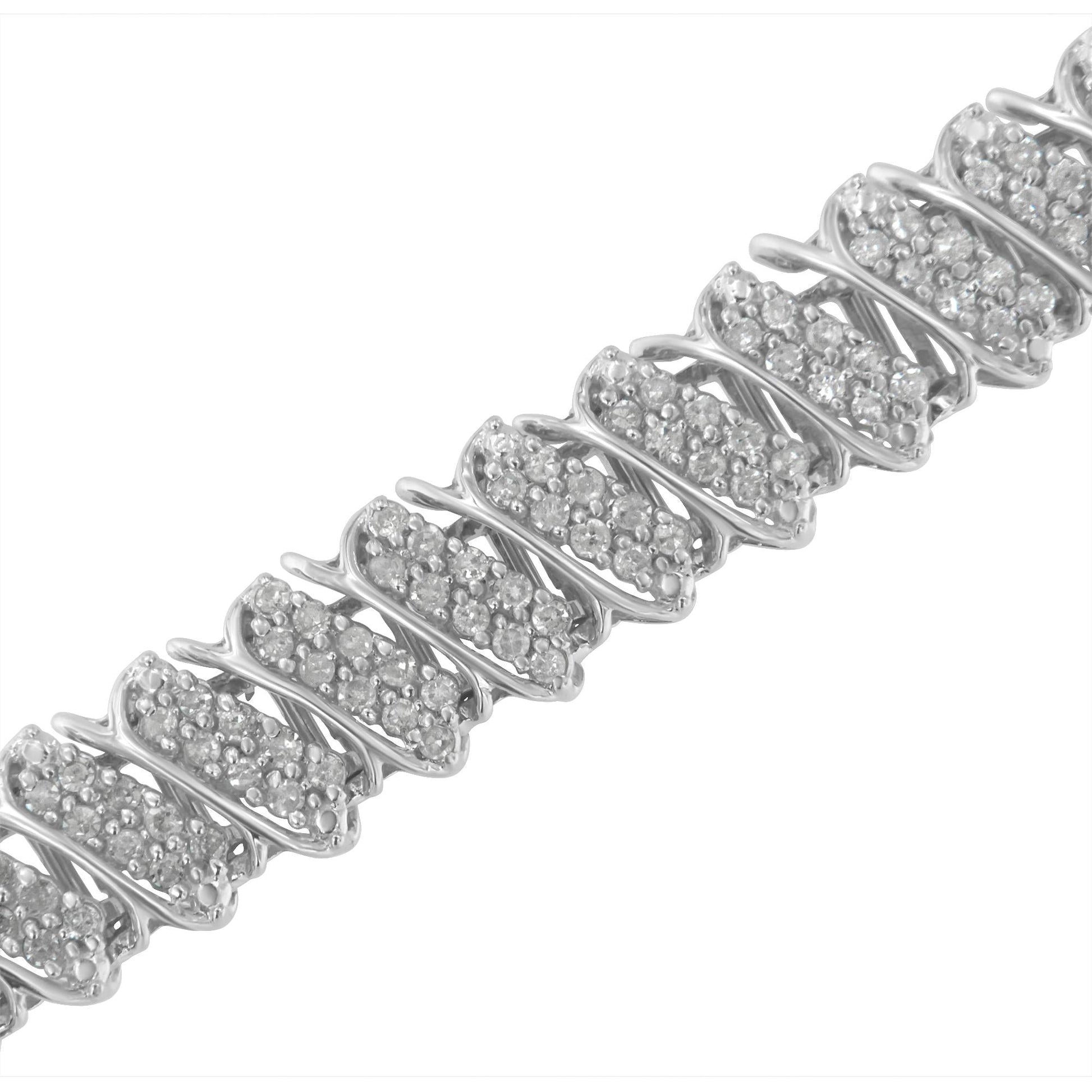 .925 Sterling Silver 3.0 Cttw Diamond Multi Row Cluster Slanted Wave Link