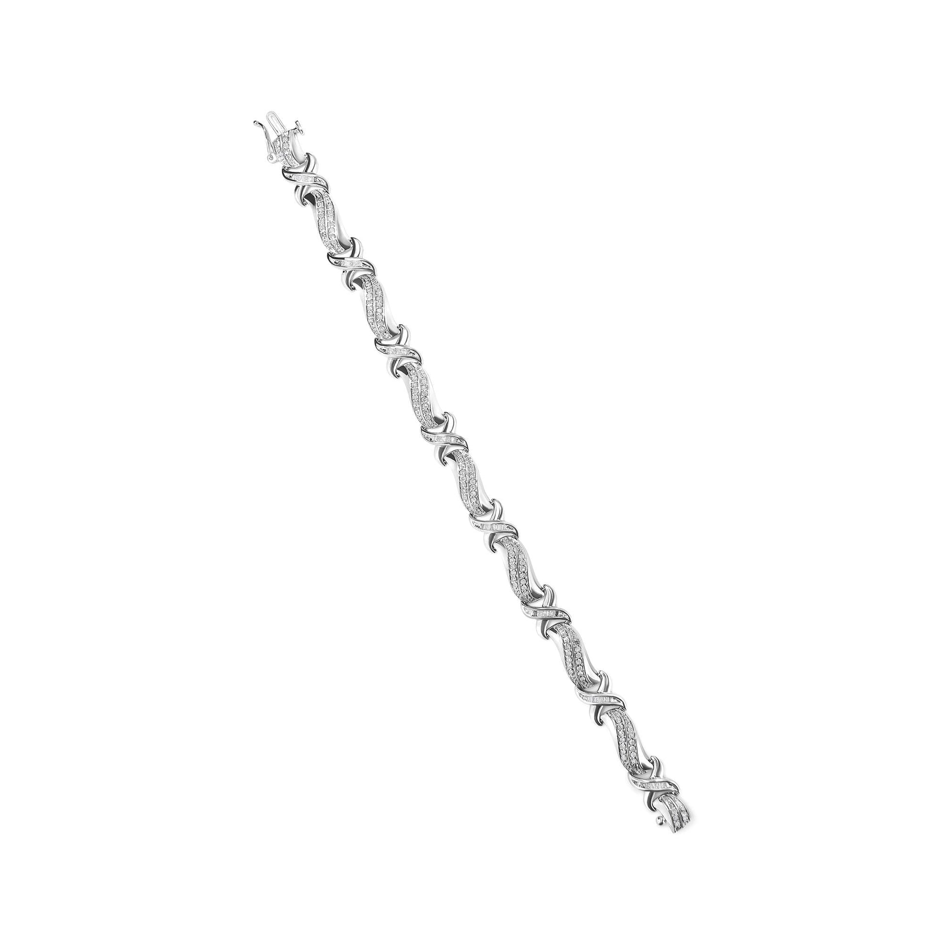 .925 Sterling Silver 1 3/4 Cttw Diamond Wave and X Link Tennis Bracelet (I-J