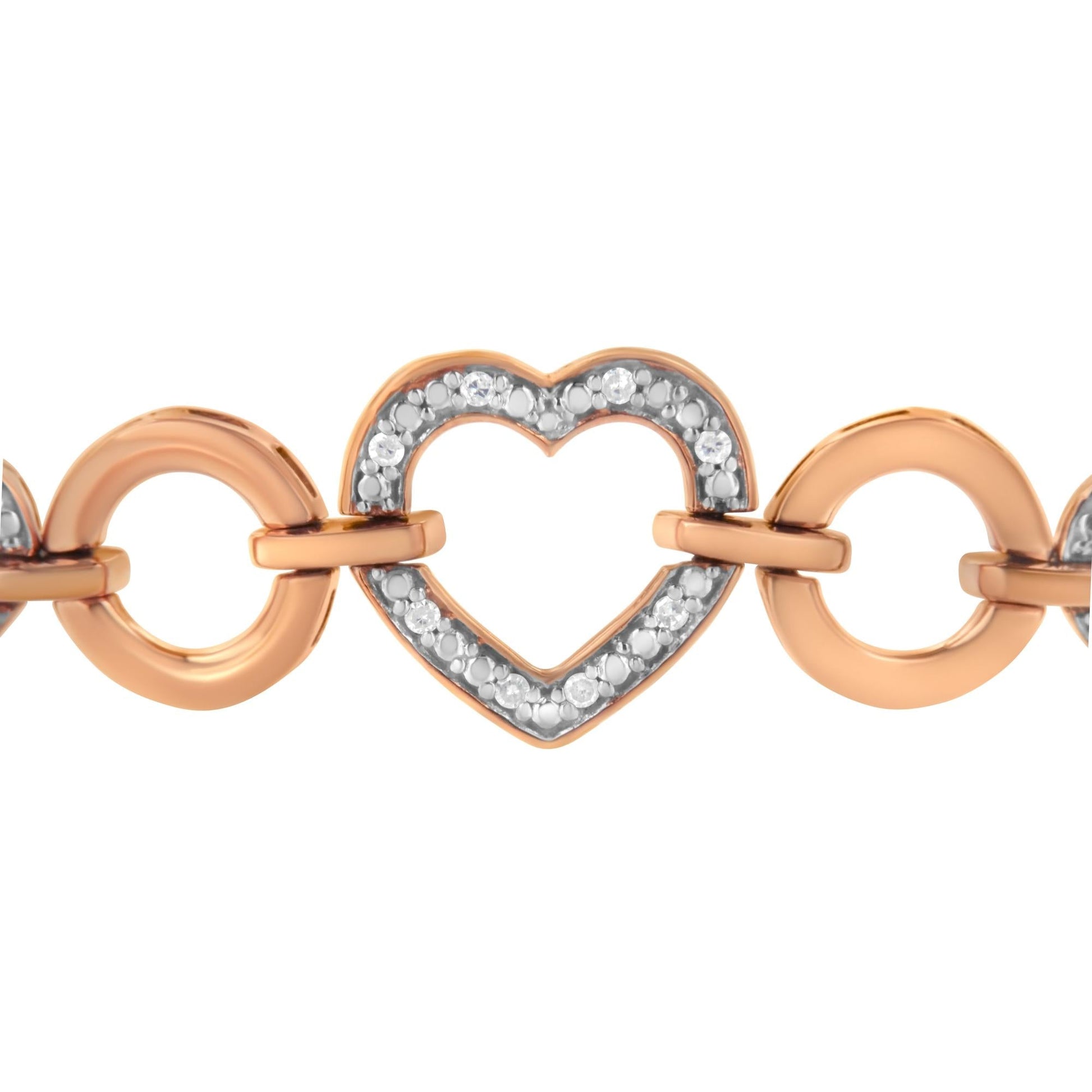 14K Rose Gold Plated.925 Sterling Silver Diamond Accent Circle and Heart Link