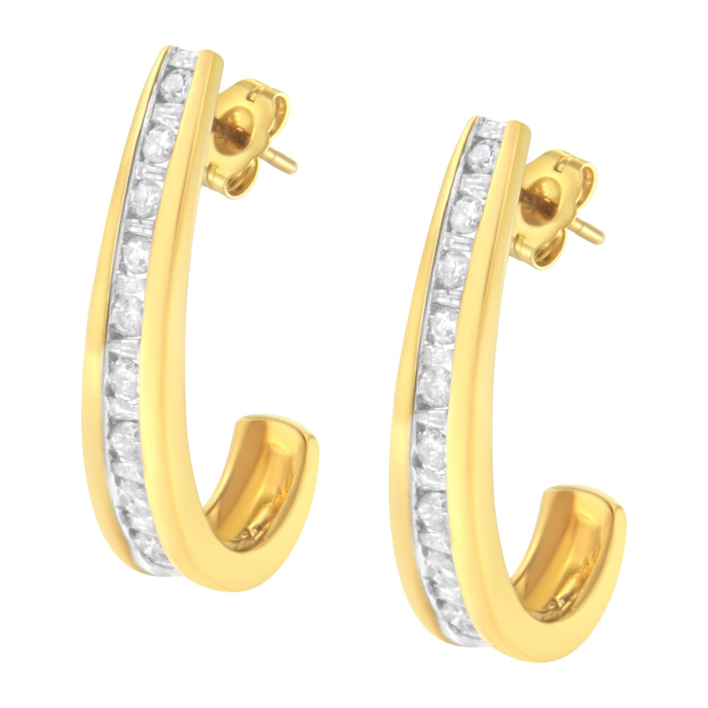 10K Yellow Gold 1 cttw Channel Set Diamond J-Hoop Earrings (H-I Clarity I1-I2