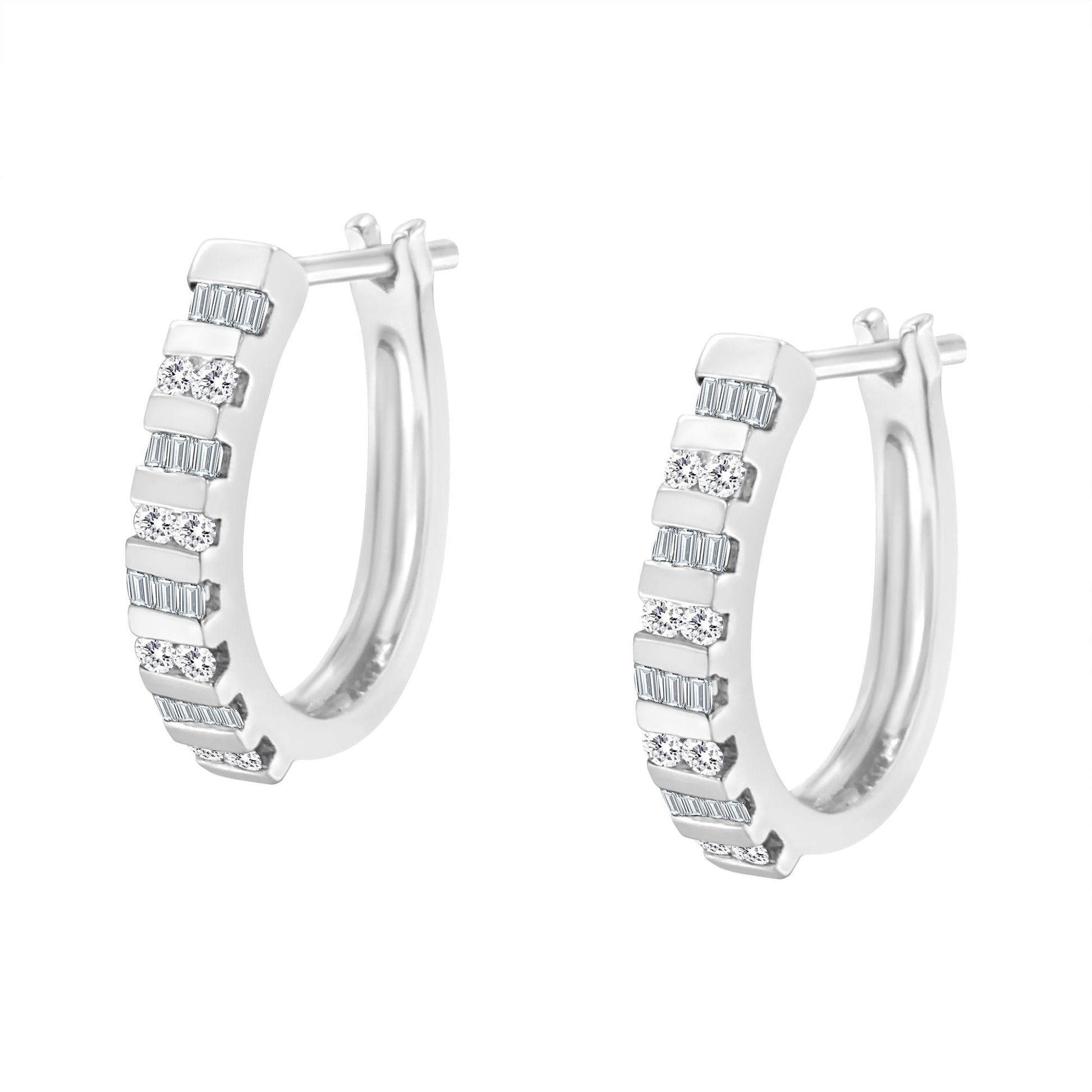 10K Gold Round and Baguette-Cut Diamond Hoop Earrings (I-J Color I2-I3 Clarity)