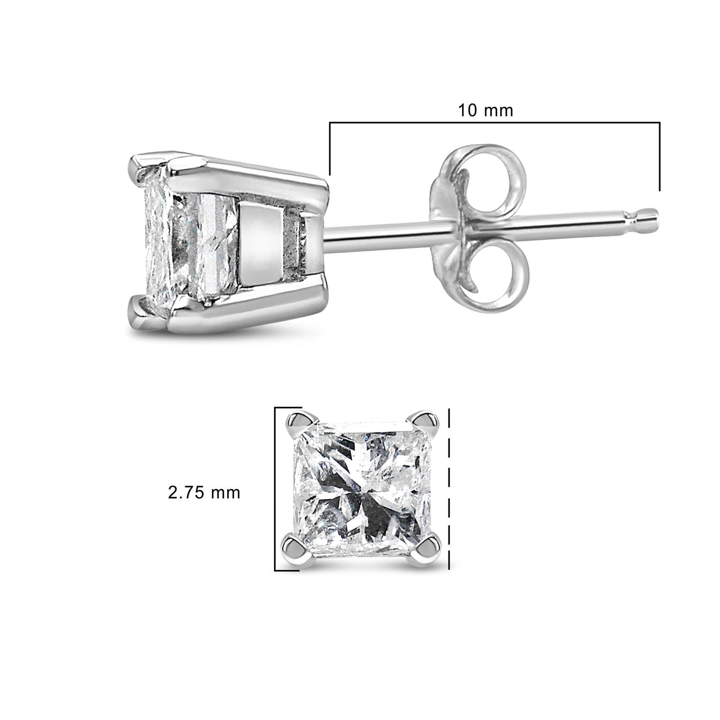 14K White Gold Princess Cut Lab-Grown Diamond Solitaire Stud Earrings (F-G