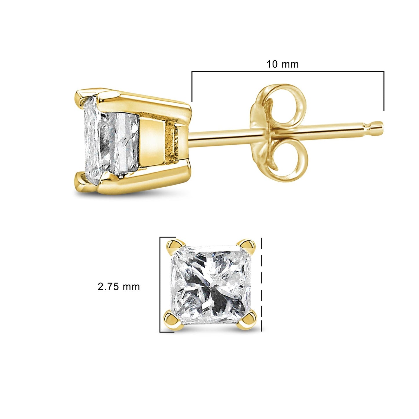 AGS Certified Princess-Cut Square Diamond 4-Prong Solitaire Stud Earrings in 14K Gold (N-O Color, I1-I2 Clarity)