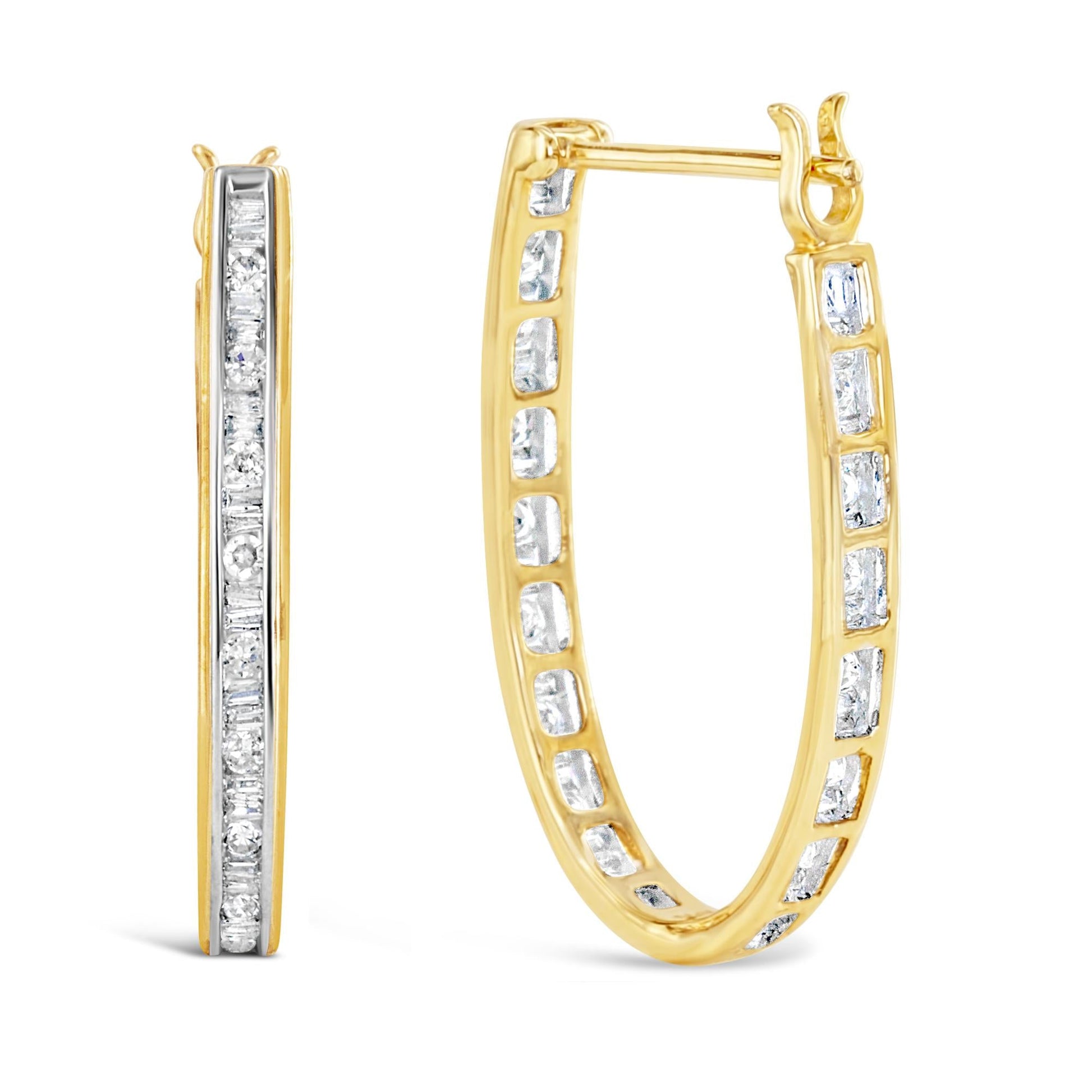 10K Yellow Gold 1.00 Cttw Round and Baguette-Cut Diamond U-Hoop Earrings (H-I