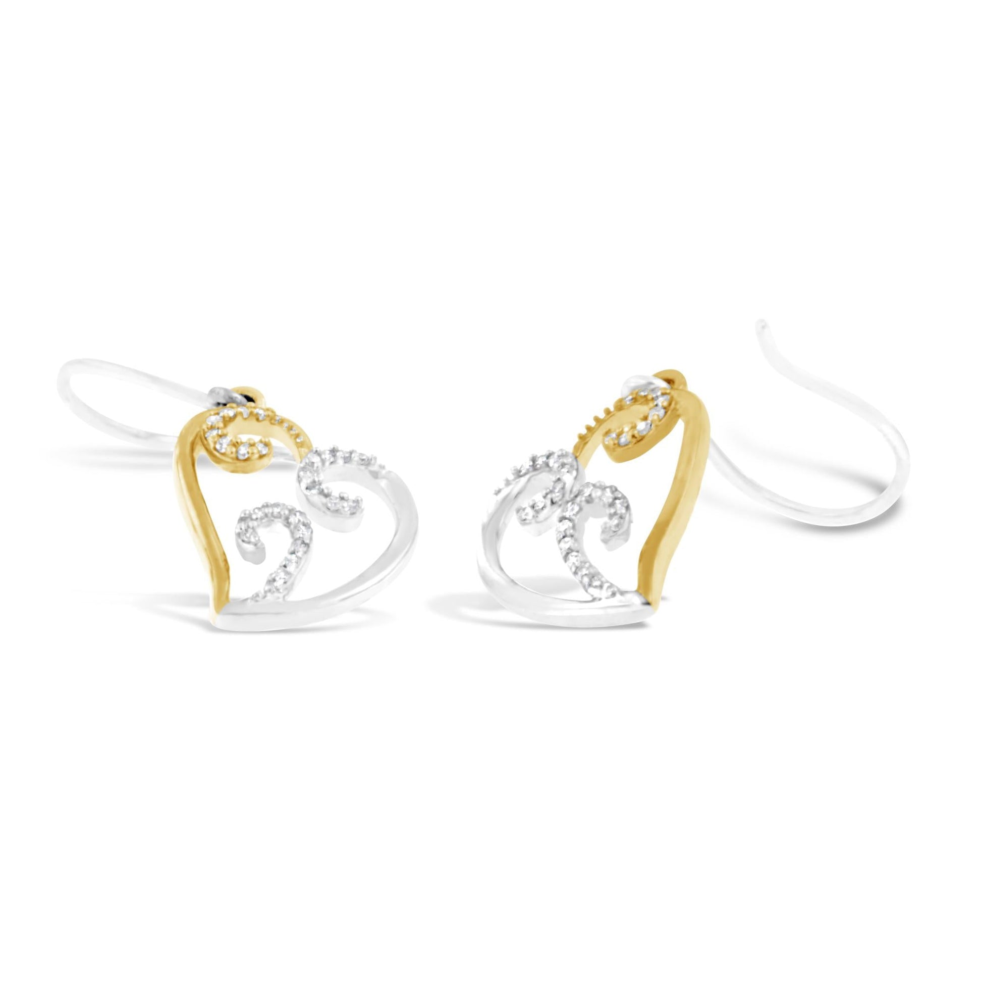 10K Two-tone Gold Round Diamond Heart Dangle Earrings (1/4 cttw I-J Color I2-I3