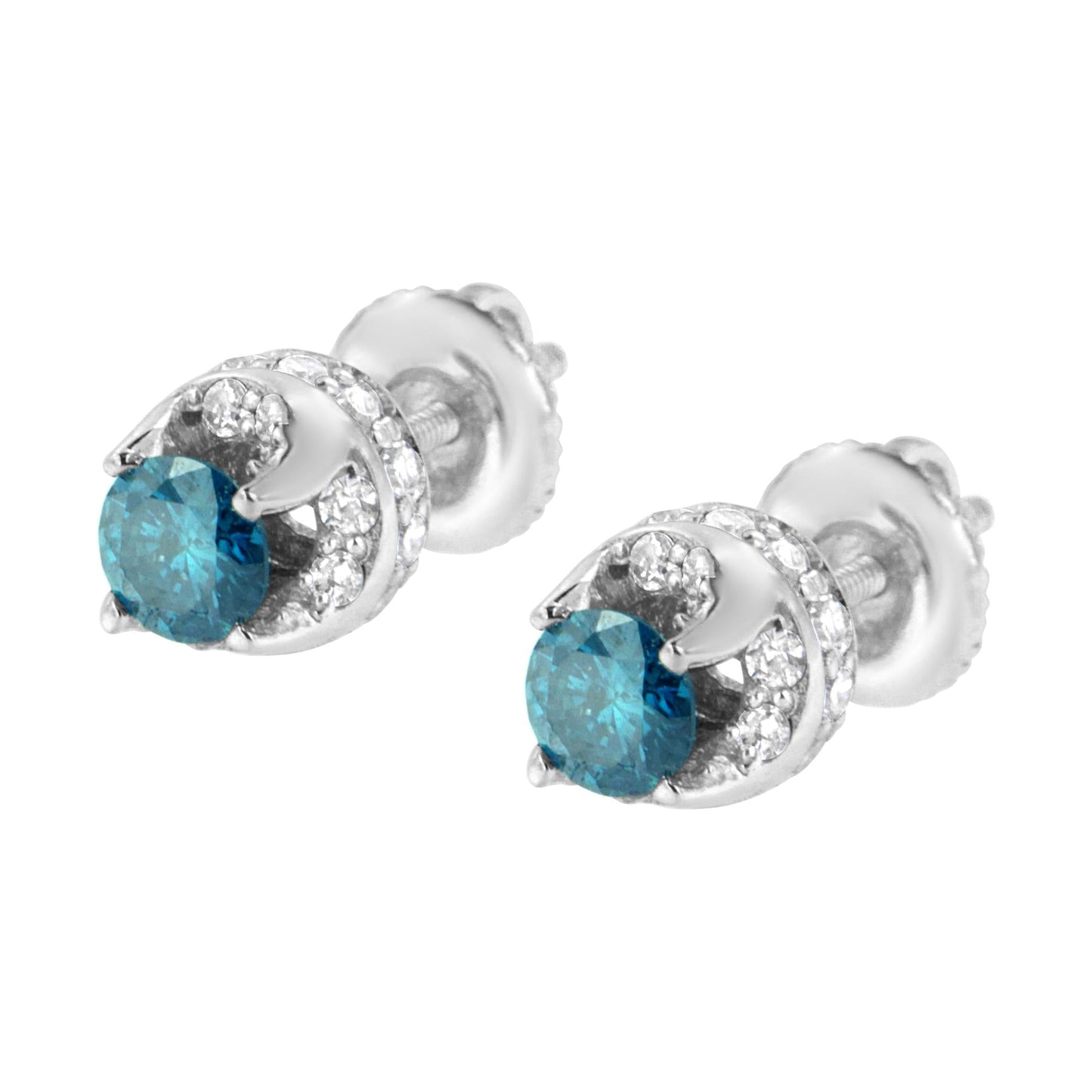 14K White Gold 1.00 Cttw Treated Blue and White Diamond Hidden Halo Stud