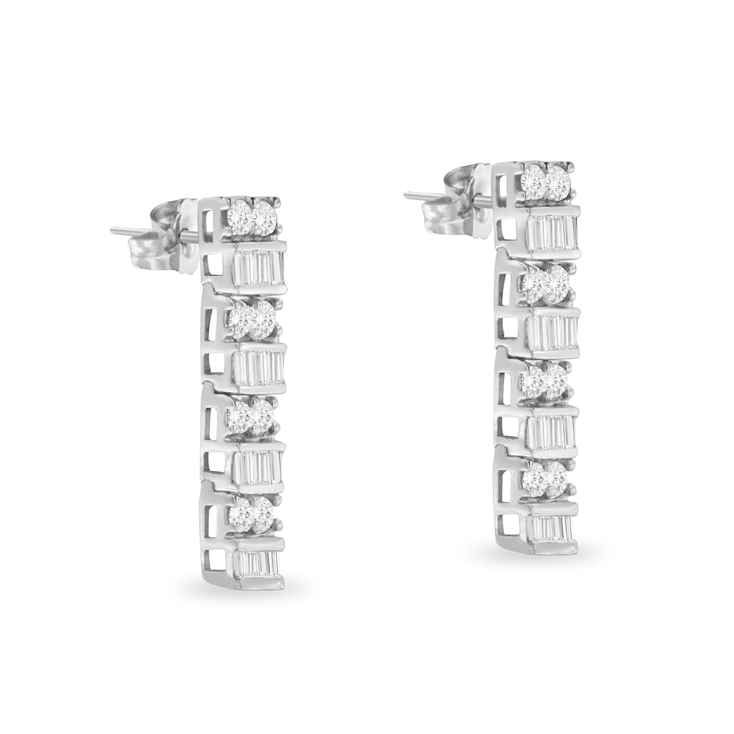 14K White Gold 1 1/3 cttw Round And Baguette Cut Diamond Earrings (H-I SI2-I1)