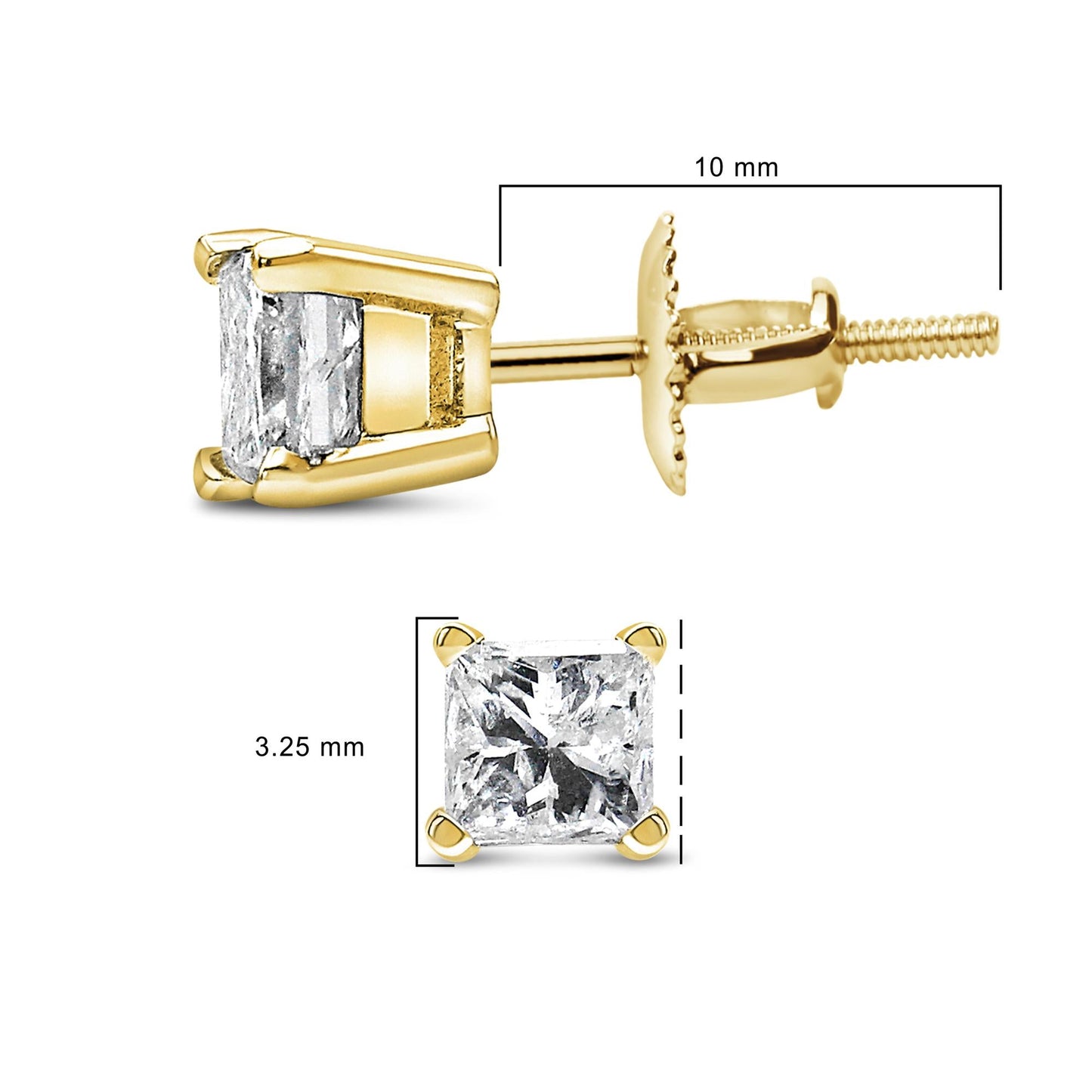 14K Yellow Gold 1/2 Cttw Princess Cut Diamond Solitaire Stud Earrings