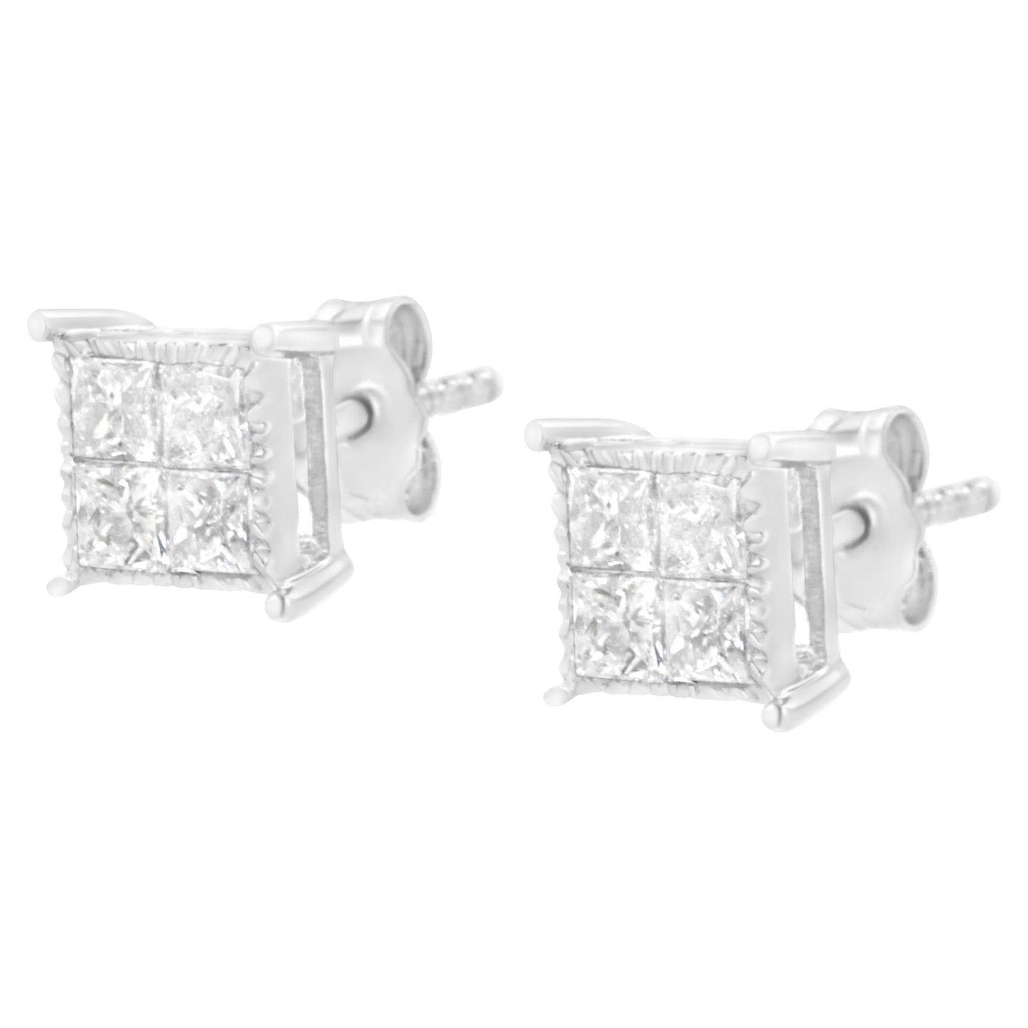 10K White Gold Square Earrings with Princess Cut Diamond (3/4 cttw I-J Color