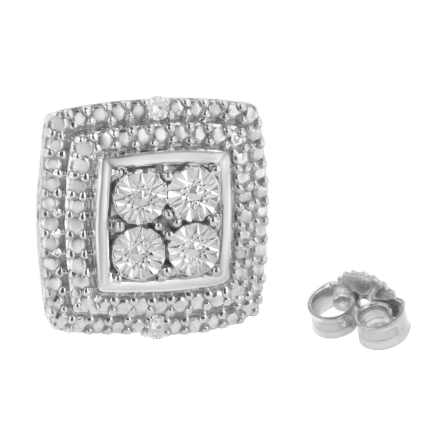 .925 Sterling Silver Diamond Accented Square Shaped Milgrain Stud Earrings (I-J