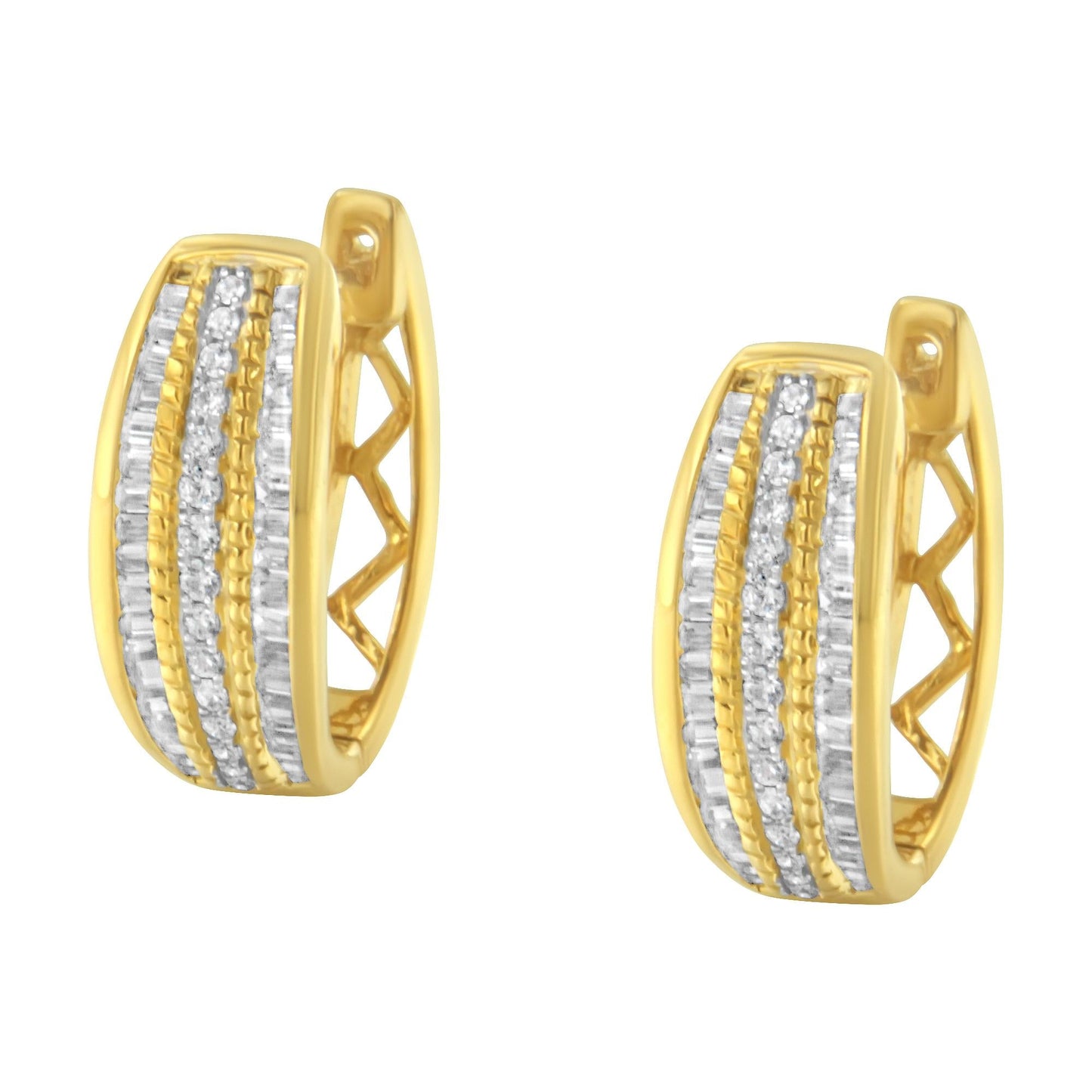 10K Yellow Gold 3/4 Cttw Pave and Channel Set Diamond Triple Row Modern Hoop