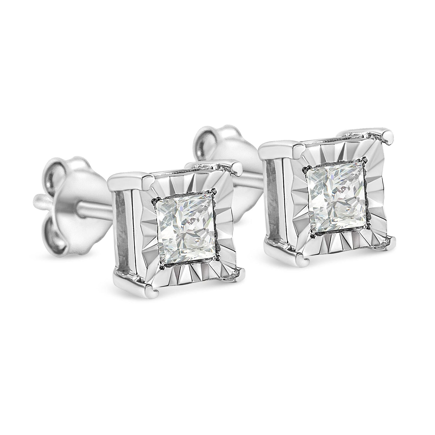 .925 Sterling Silver Miracle Set Princess-Cut Diamond Solitaire Stud Earrings