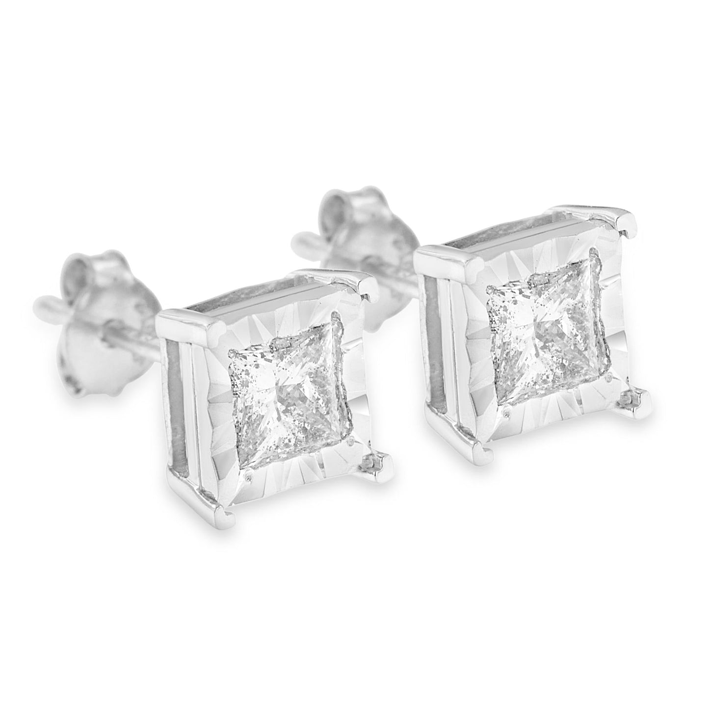 .925 Sterling Silver Miracle Set Princess-cut Diamond Solitaire Stud Earrings