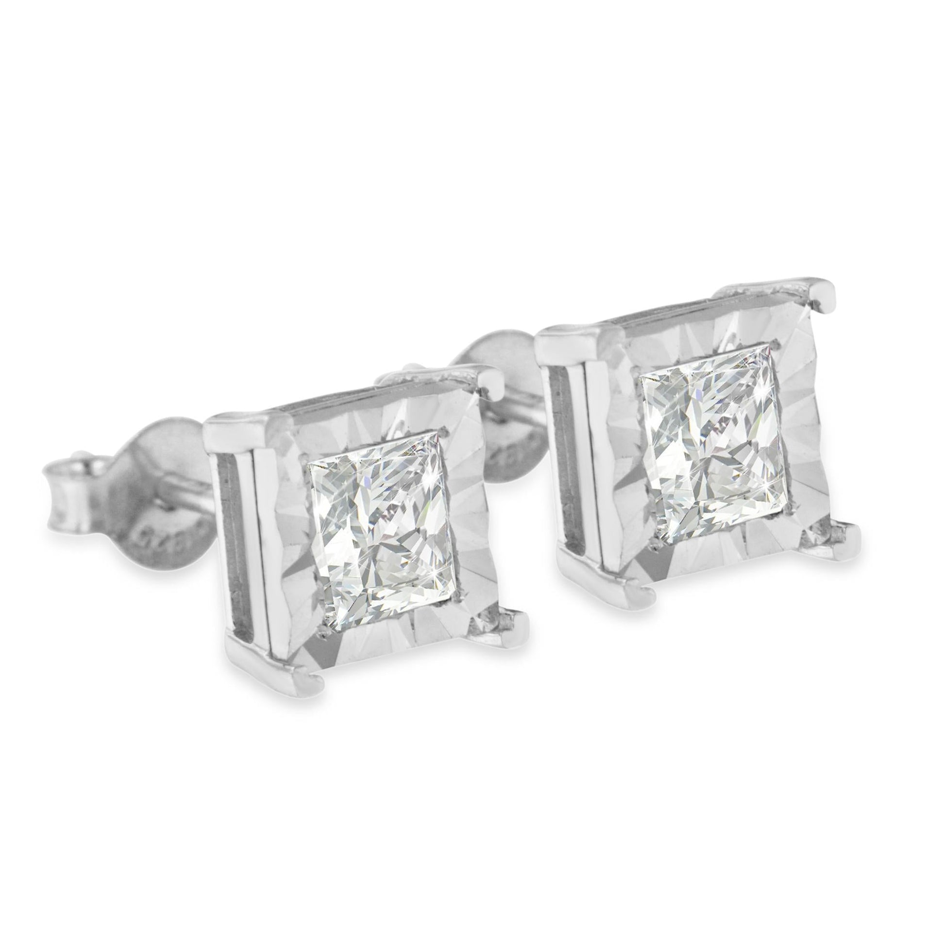 .925 Sterling Silver Miracle Set Princess-cut Diamond Solitaire Stud Earrings