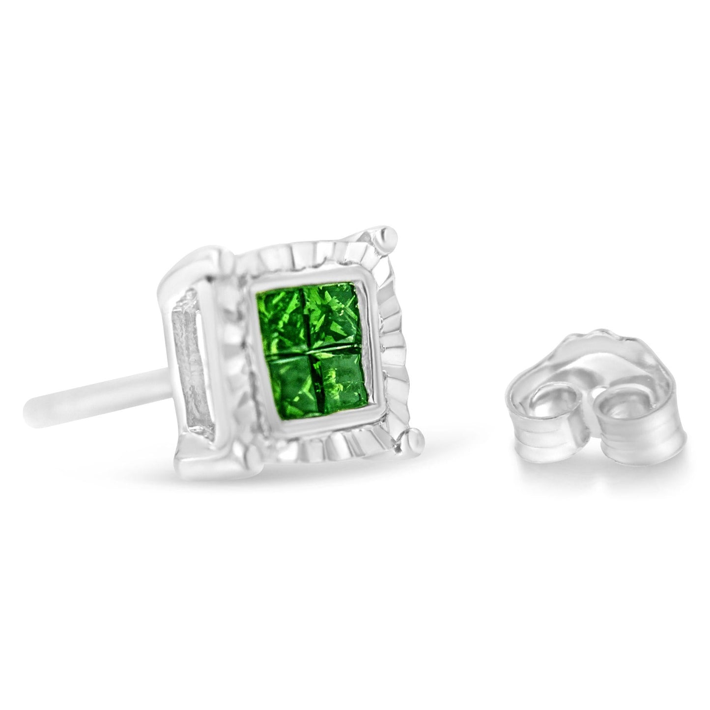 Sterling Silver Color Treated Princess Diamond Quad Stud Earring (1/2 cttw, Green Color, I1-I2 Clarity)