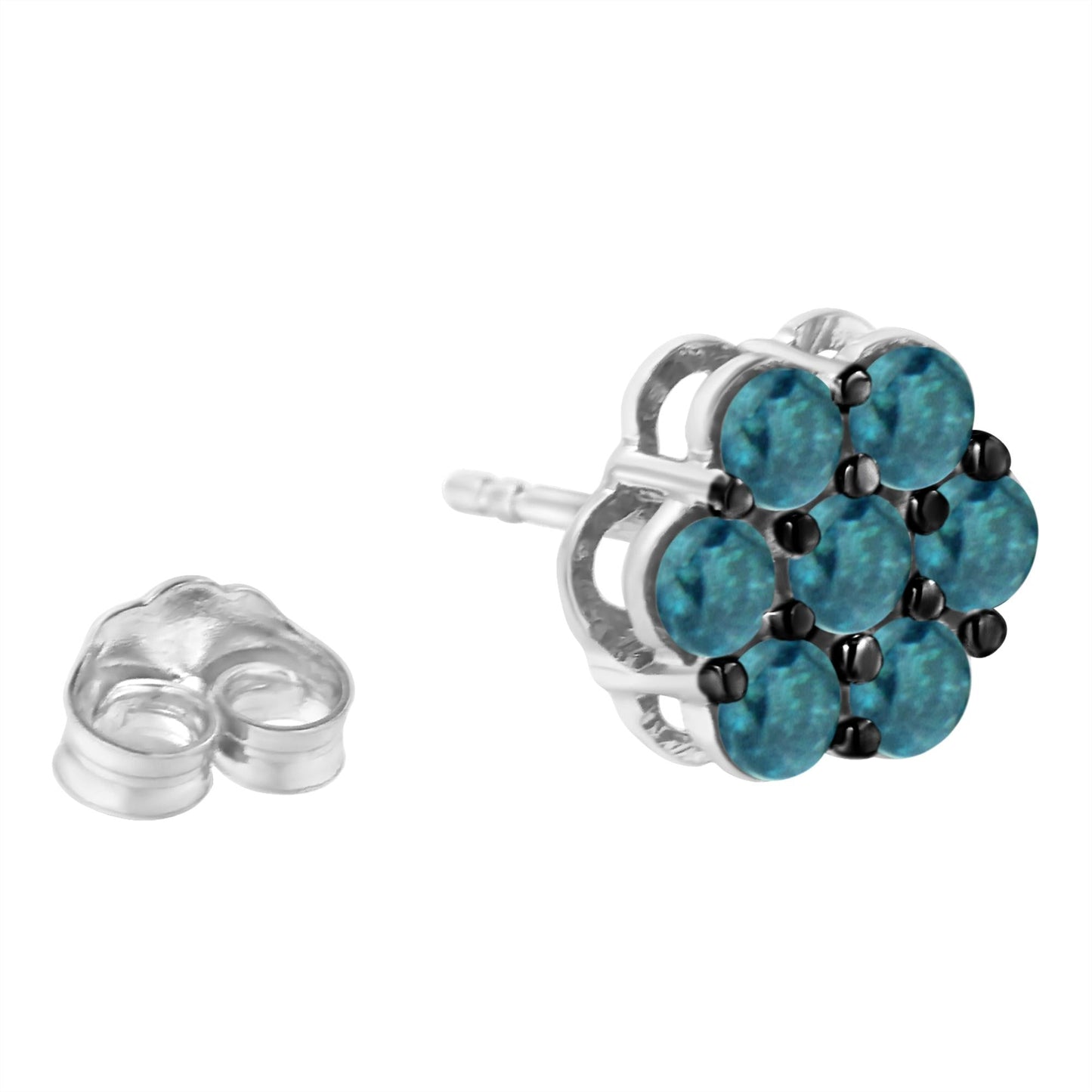 Sterling Silver Treated Blue Diamond Floral Stud Earrings (1 cttw Blue Color