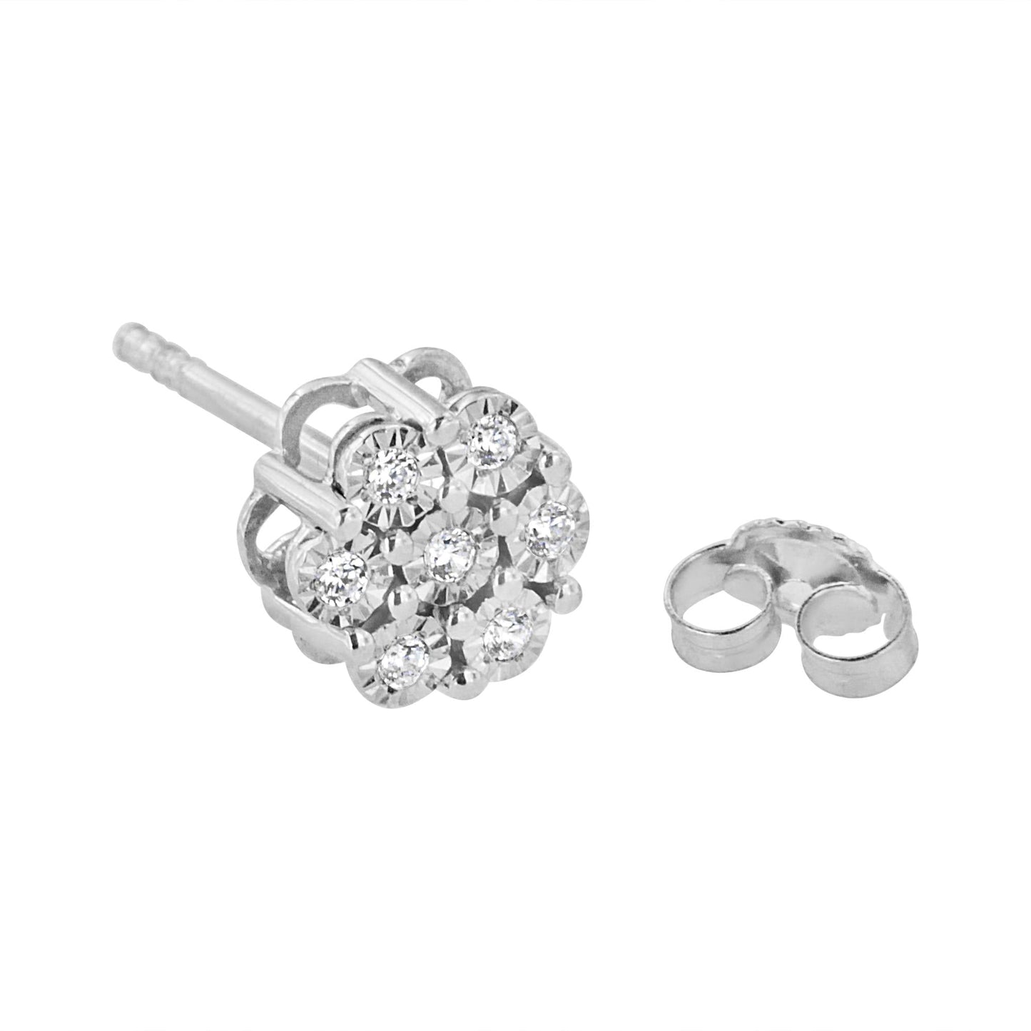 .925 Sterling Silver 1/10 Cttw Round-Cut Diamond Miracle-Set Floral Cluster Button Stud Earrings (I-J Color, I2-I3 Clarity)