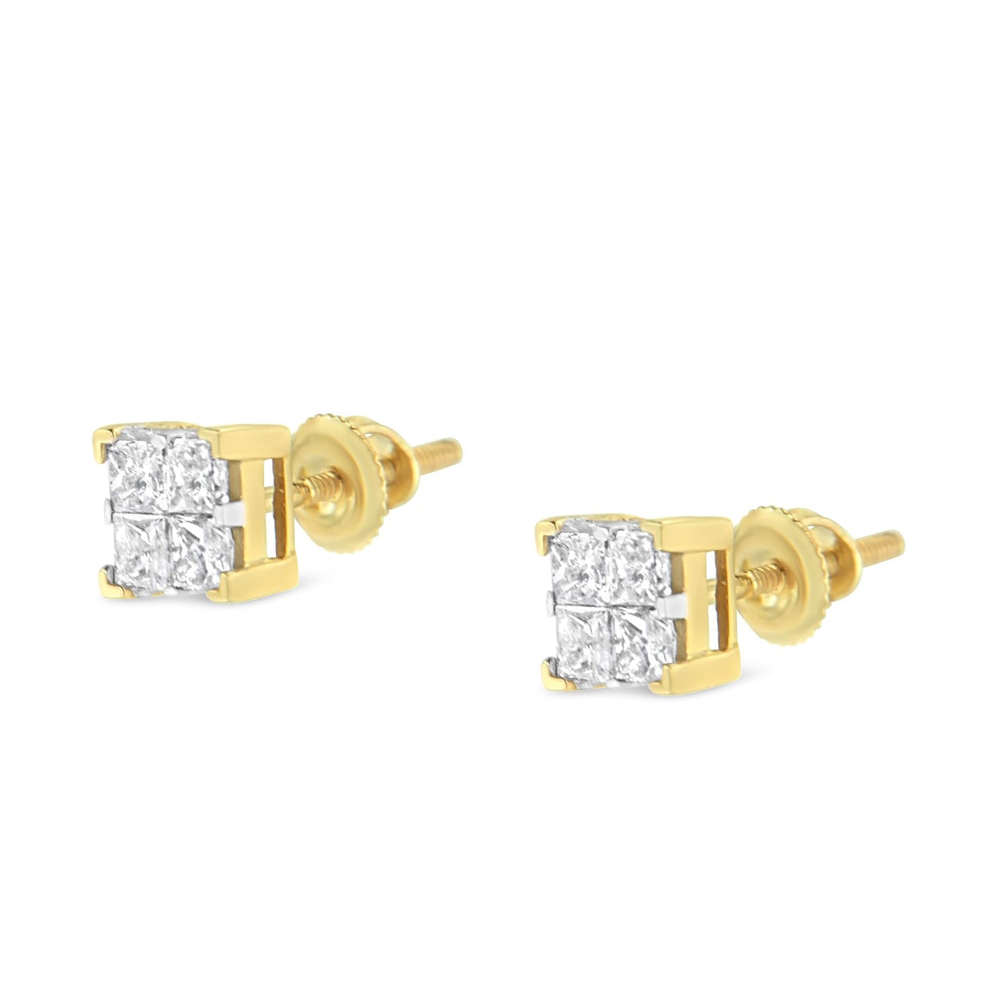 14K Yellow Gold 3/4 Cttw Invisible Set Princess-Cut Diamond 4 Stone Square Stud Earrings (J-K Color, SI2-I1 Clarity)