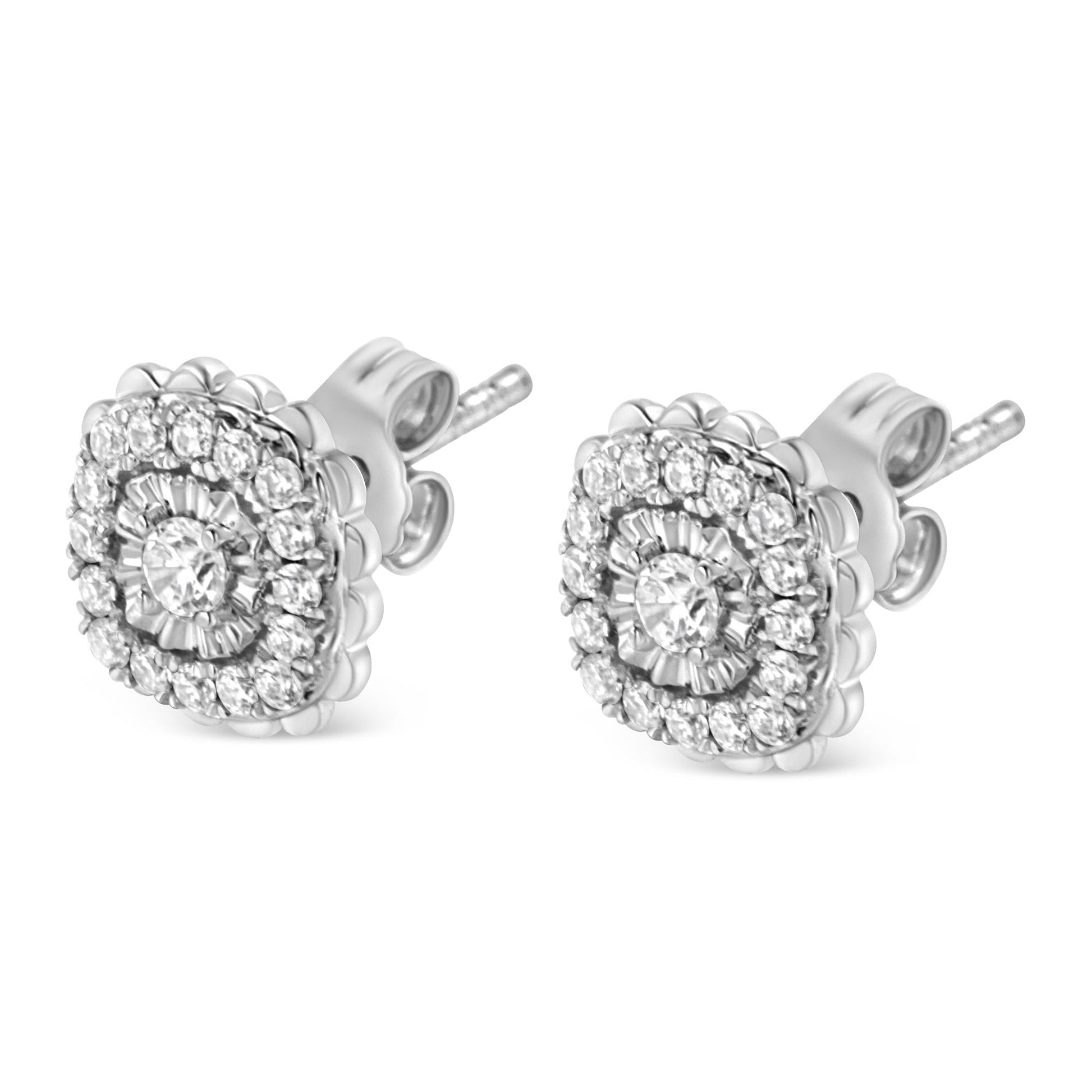 .925 Sterling Silver 1/2 Cttw Round-Cut Diamond Halo Cluster Stud Earring (I-J