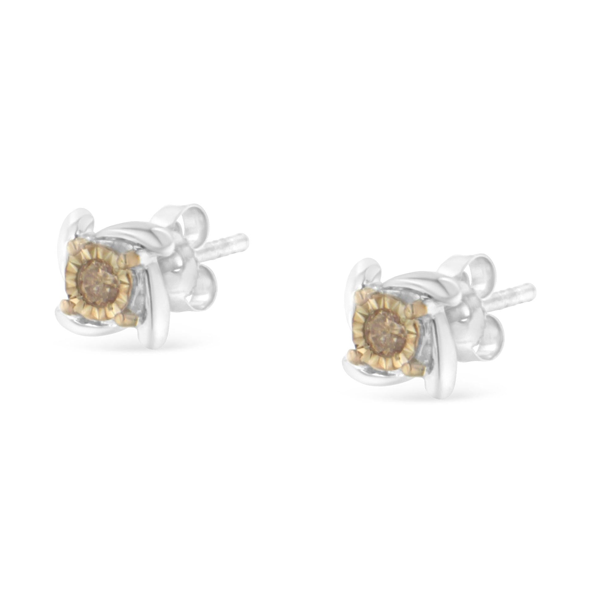 Two-Toned Sterling-Silver Diamond Stud Earring (0.10 cttw Champagne Color I2-I3