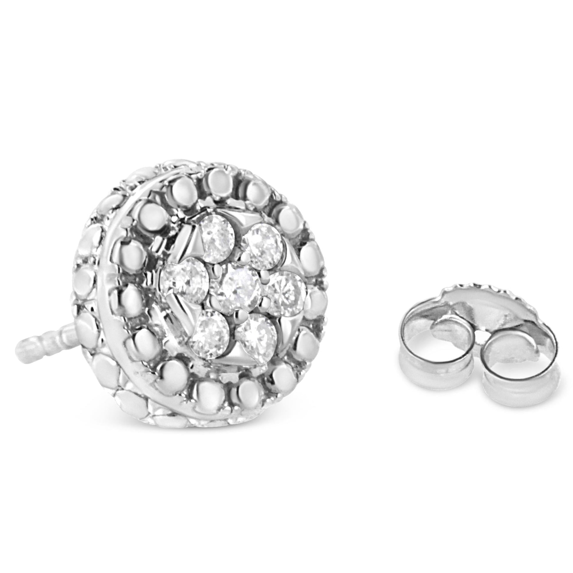 .925 Sterling Silver 1/3 Cttw 7 Stone Pave Set Diamond Beaded Stud Earrings