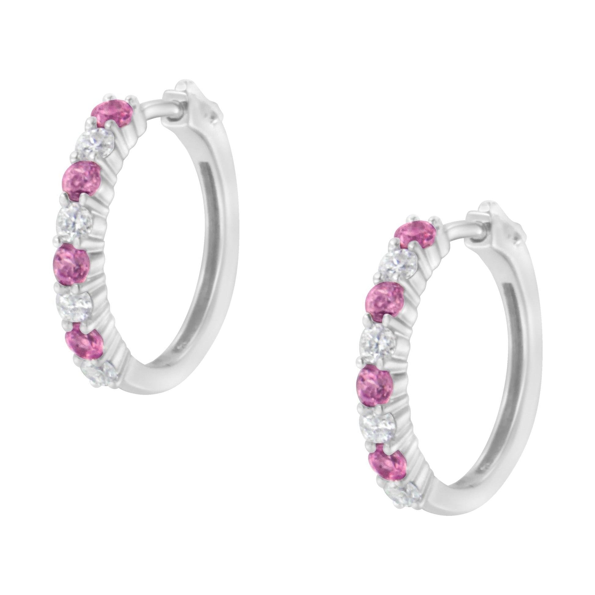 10K White Gold 2.5MM Sapphire Gemstone and 1/2 Cttw Diamond Hoop Earrings (H-I