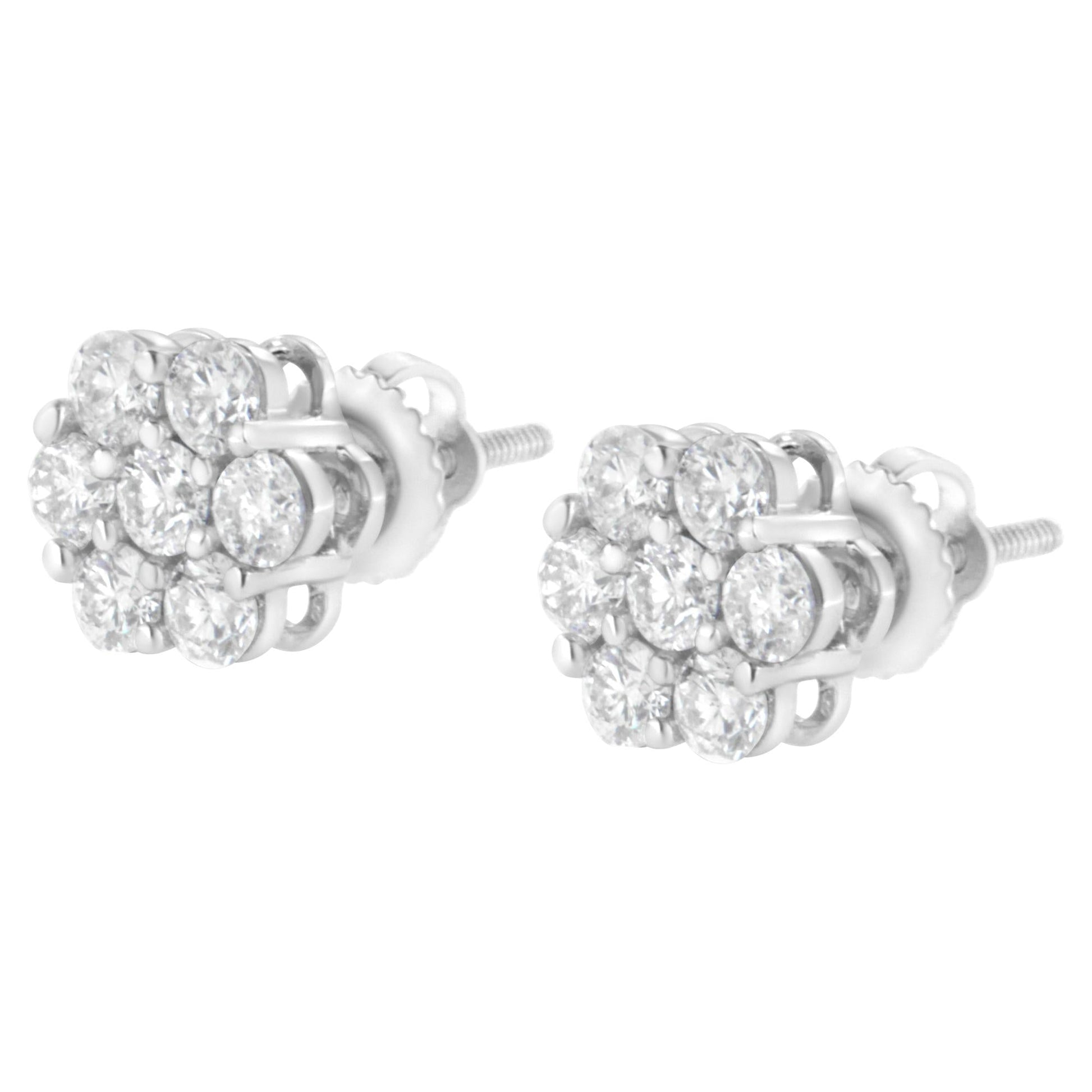 14K White Gold 7 Stone Floral Cluster Round Brilliant Cut Diamond Stud Earrings