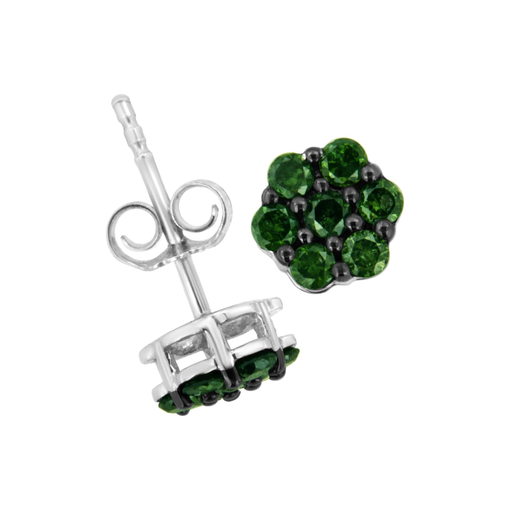 .925 Sterling Silver Prong Set Round-Cut Treated Colored Diamond Floral Cluster